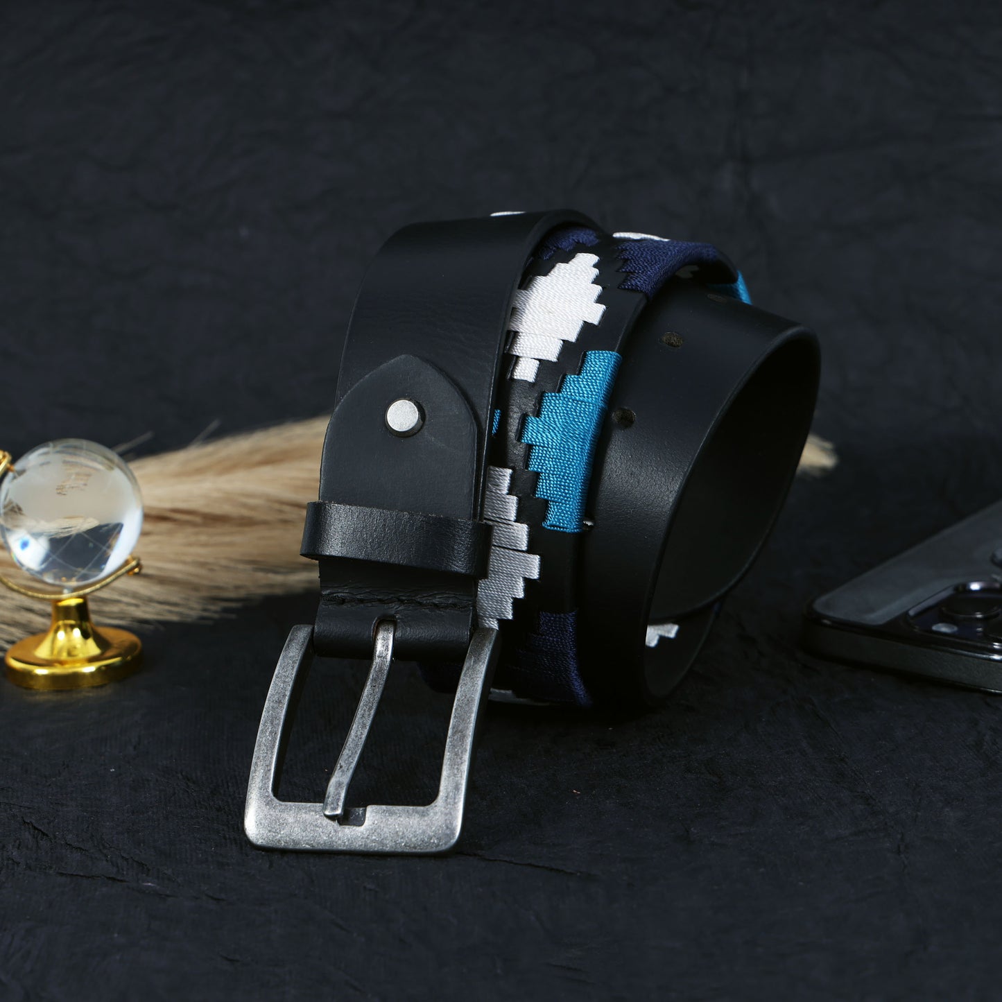 Premium Black Leather Belt with Silver Buckle & Multi-Color Stitching.LB-876