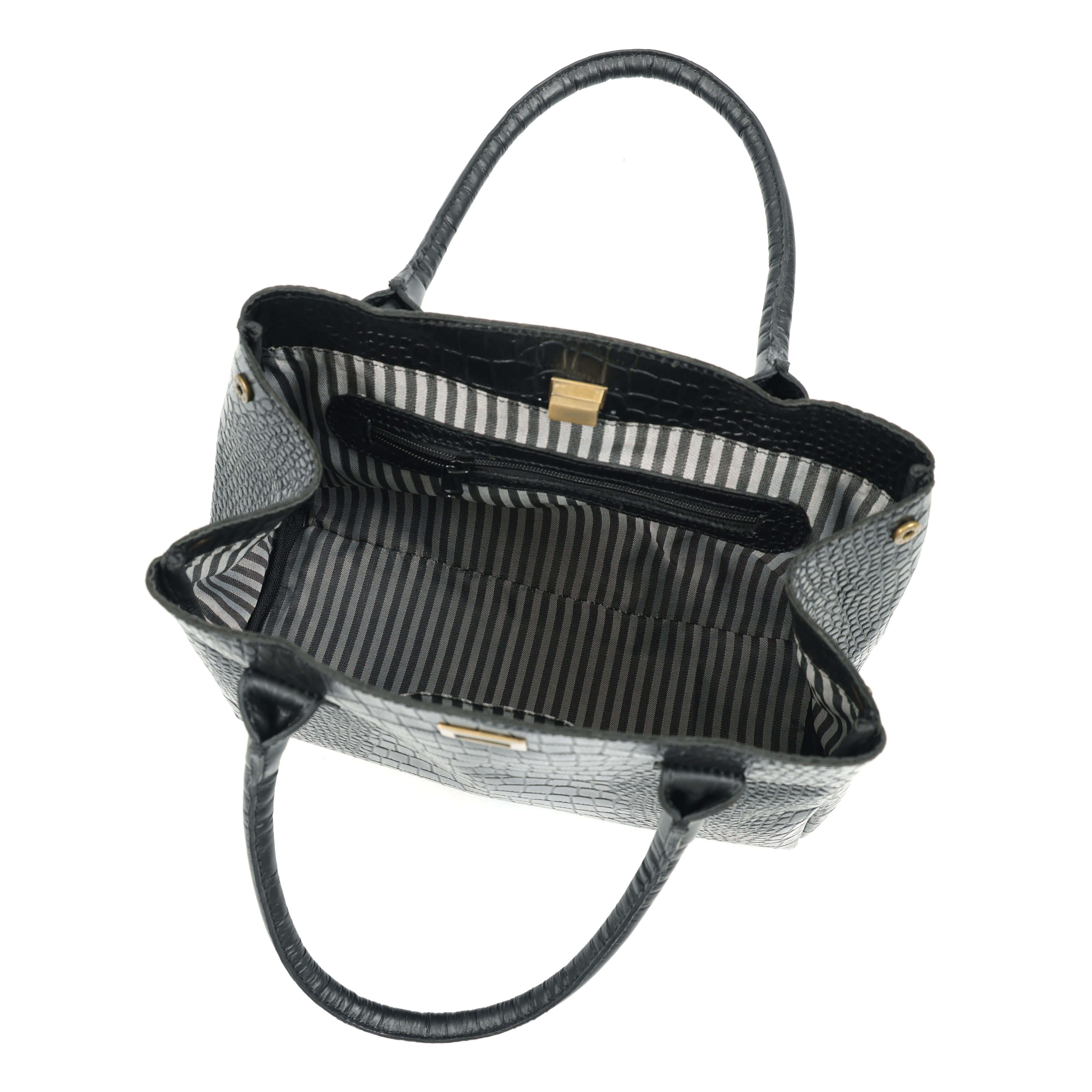 Structured Croc-Textured Black Handbag with Top Handles