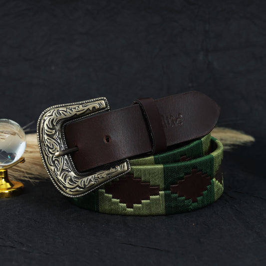 Brown Leather Polo Belt with Green Webbing & Designer Buckle  Includes Matching Keyring. LB-868