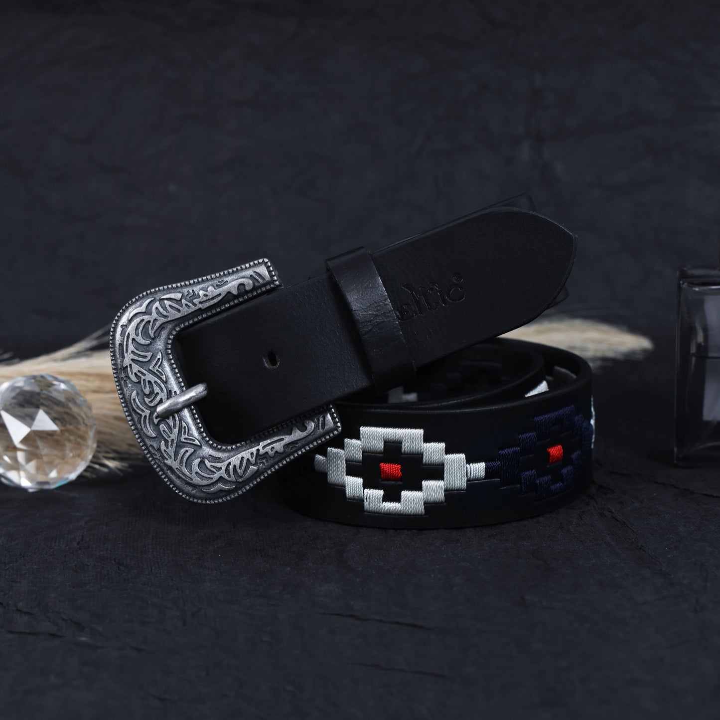 Premium Black Leather Polo Belt with Silver Designer Buckle & Multicolour Webbing. LB-865