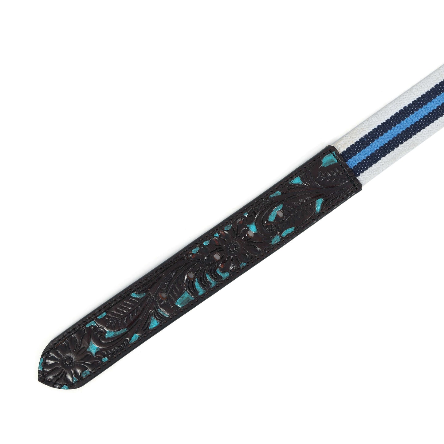 Hand-Carved Black Leather Belt with Blue Webbing  38mm. LB-834
