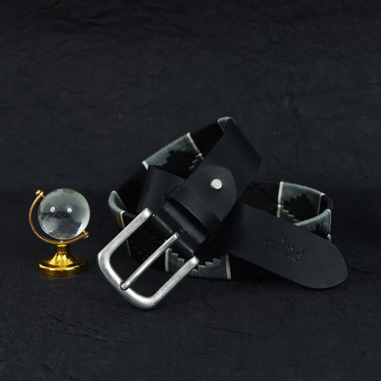 New Premium Leather Grey & Black Webbing Polo Belt and Keyring. LB-863
