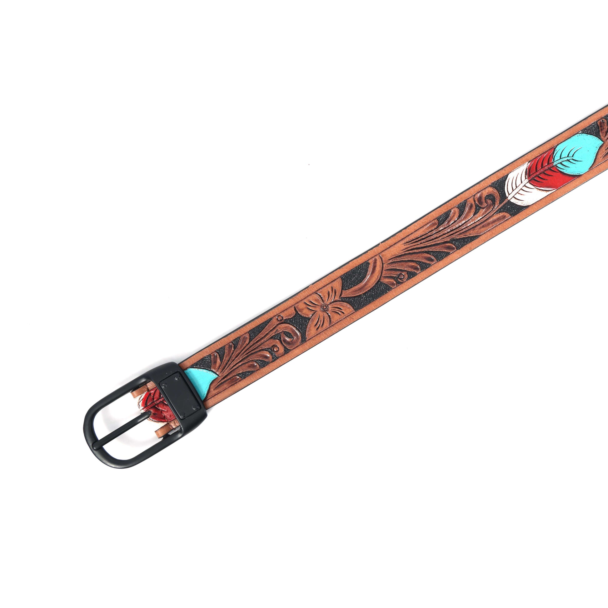 Stylish Brown Leather Hand-Carved Belt with Blue Paint  Unique, Custom Artisan Craftsmanship. LB-842