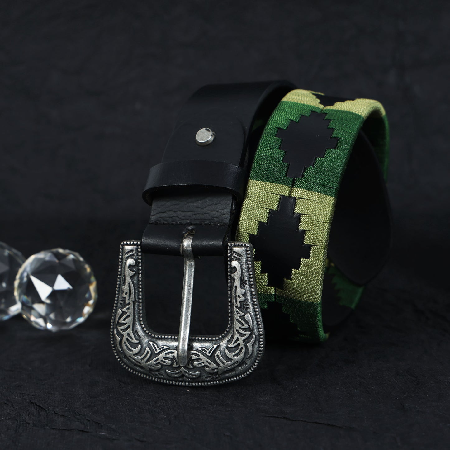 Designer Black Leather Polo Belt with Green Webbing & Premium Buckle Includes Matching Keyring. LB-867