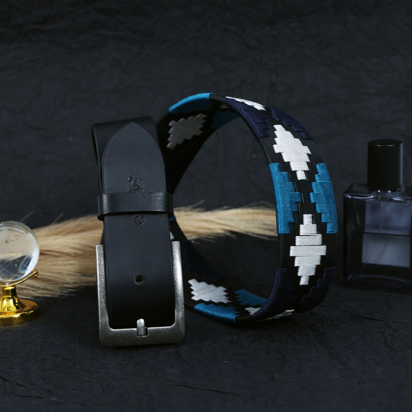 Premium Black Leather Belt with Silver Buckle & Multi-Color Stitching.LB-876
