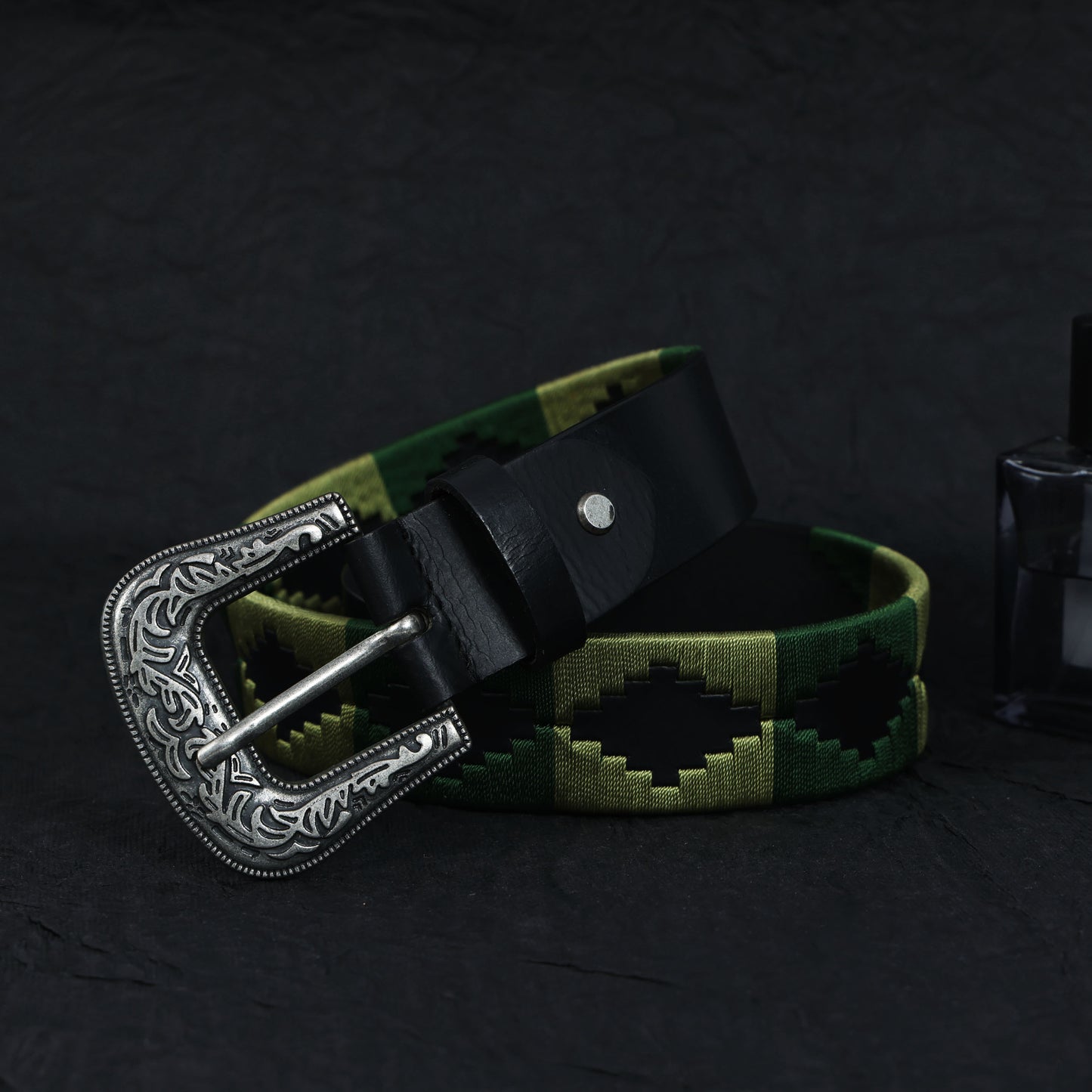 Designer Black Leather Polo Belt with Green Webbing & Premium Buckle Includes Matching Keyring. LB-867