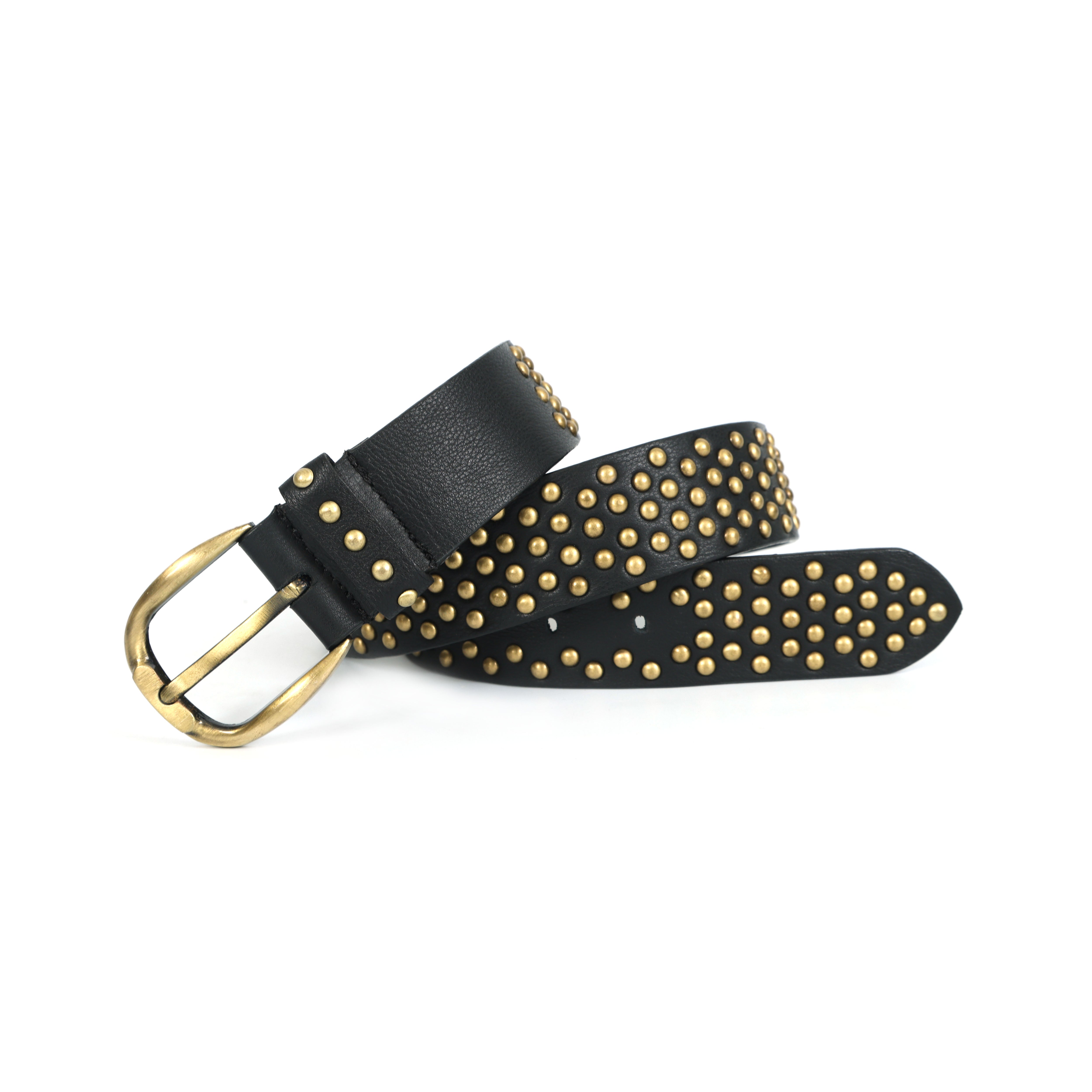 Women Black Studded Leather Belt With Brass Buckle Punk Rock Statement Fashion Accessory