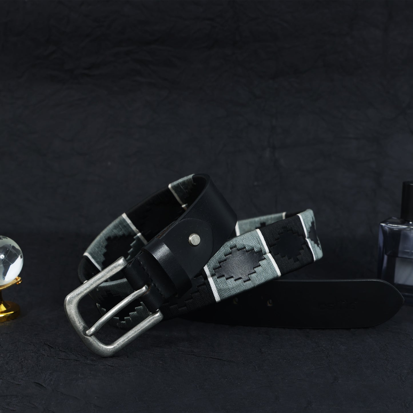 New Premium Leather Grey & Black Webbing Polo Belt and Keyring. LB-863