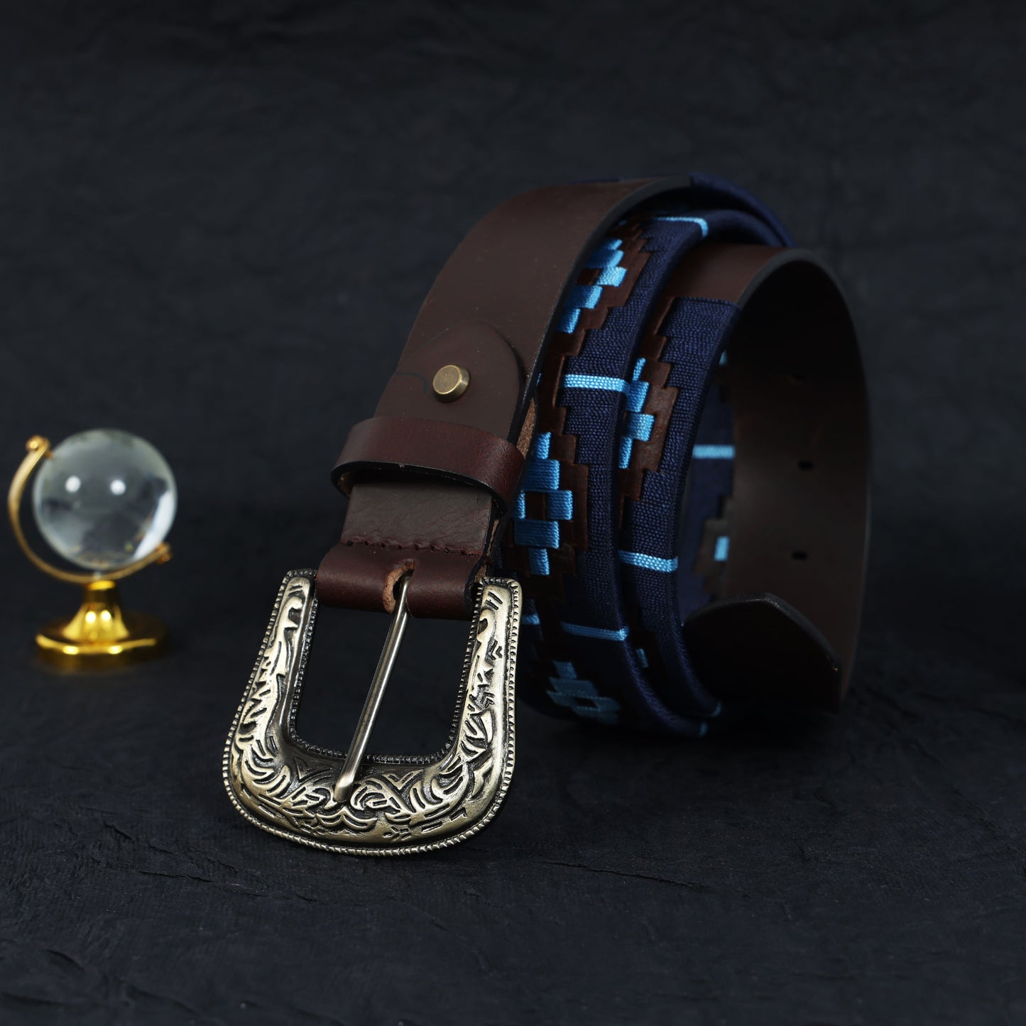 Premium Brown Leather Polo Belt with Blue Webbing & Designer Buckle + Matching Keyring. LB-866