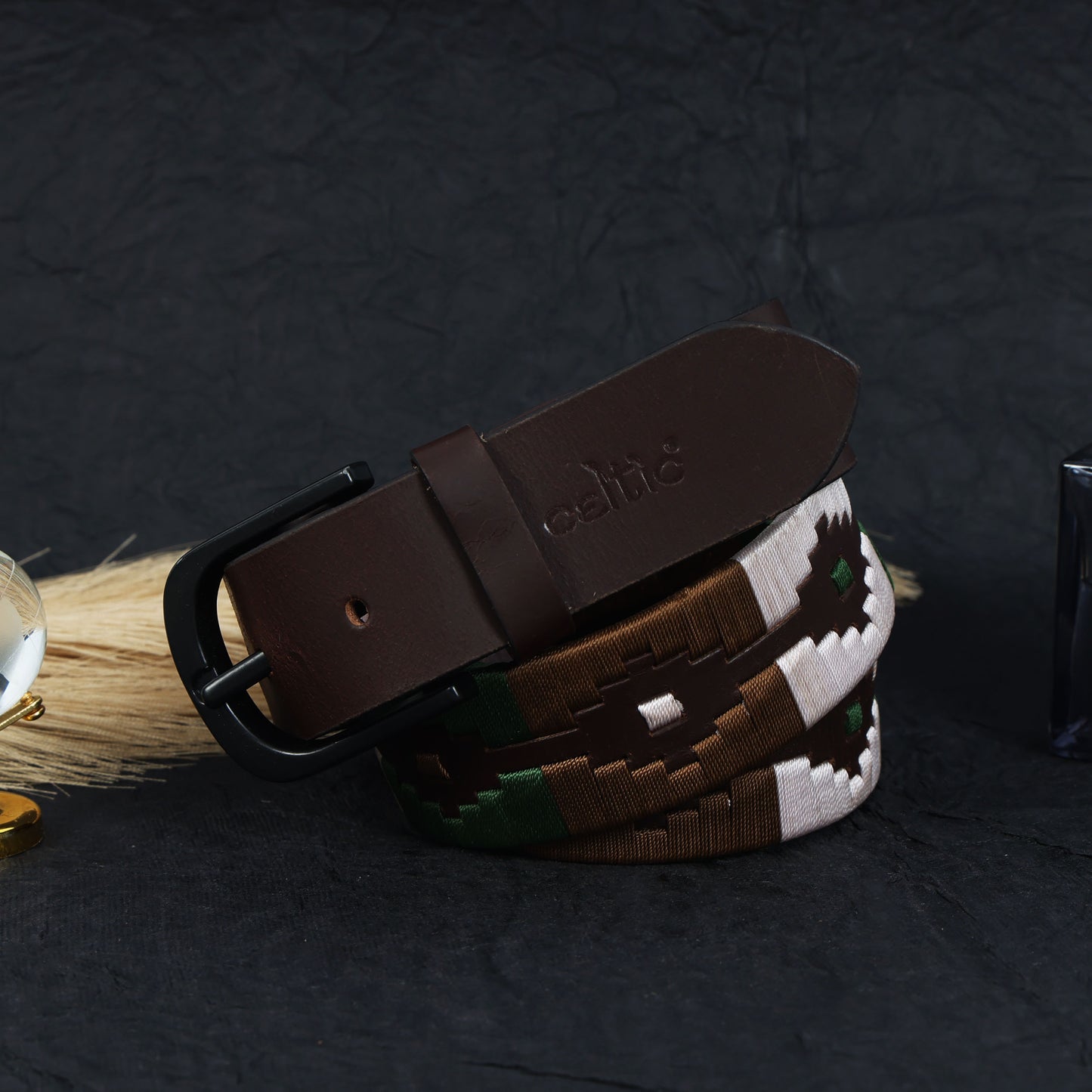Premium Brown Leather Belt with Black Buckle & Multicolor Stitching.LB-878