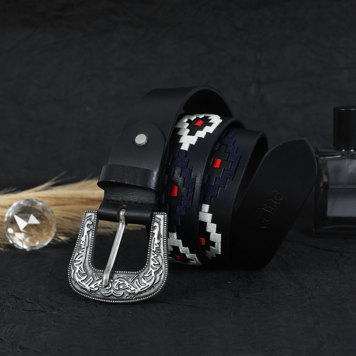 Premium Black Leather Polo Belt with Silver Designer Buckle & Multicolour Webbing. LB-865