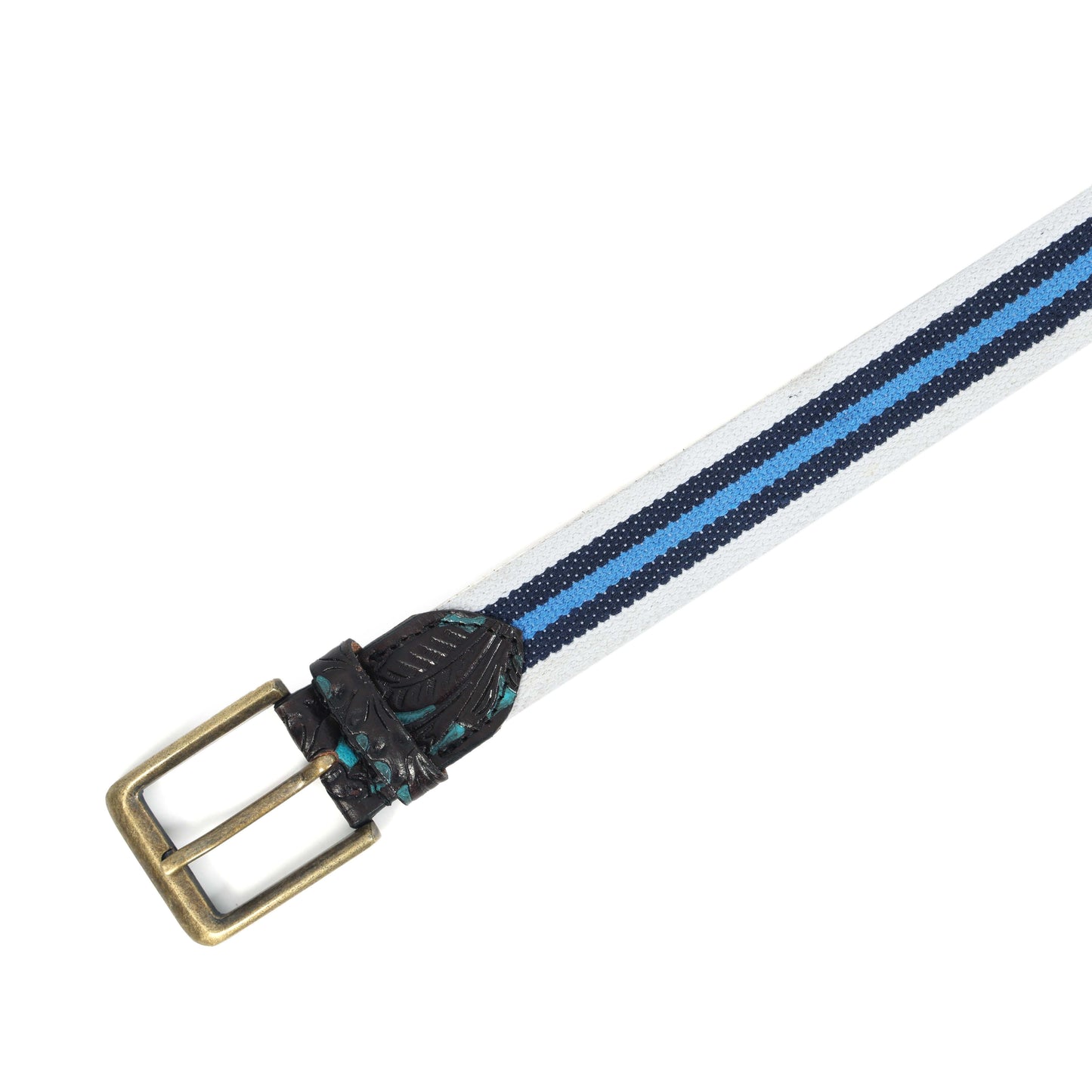 Hand-Carved Black Leather Belt with Blue Webbing  38mm. LB-834
