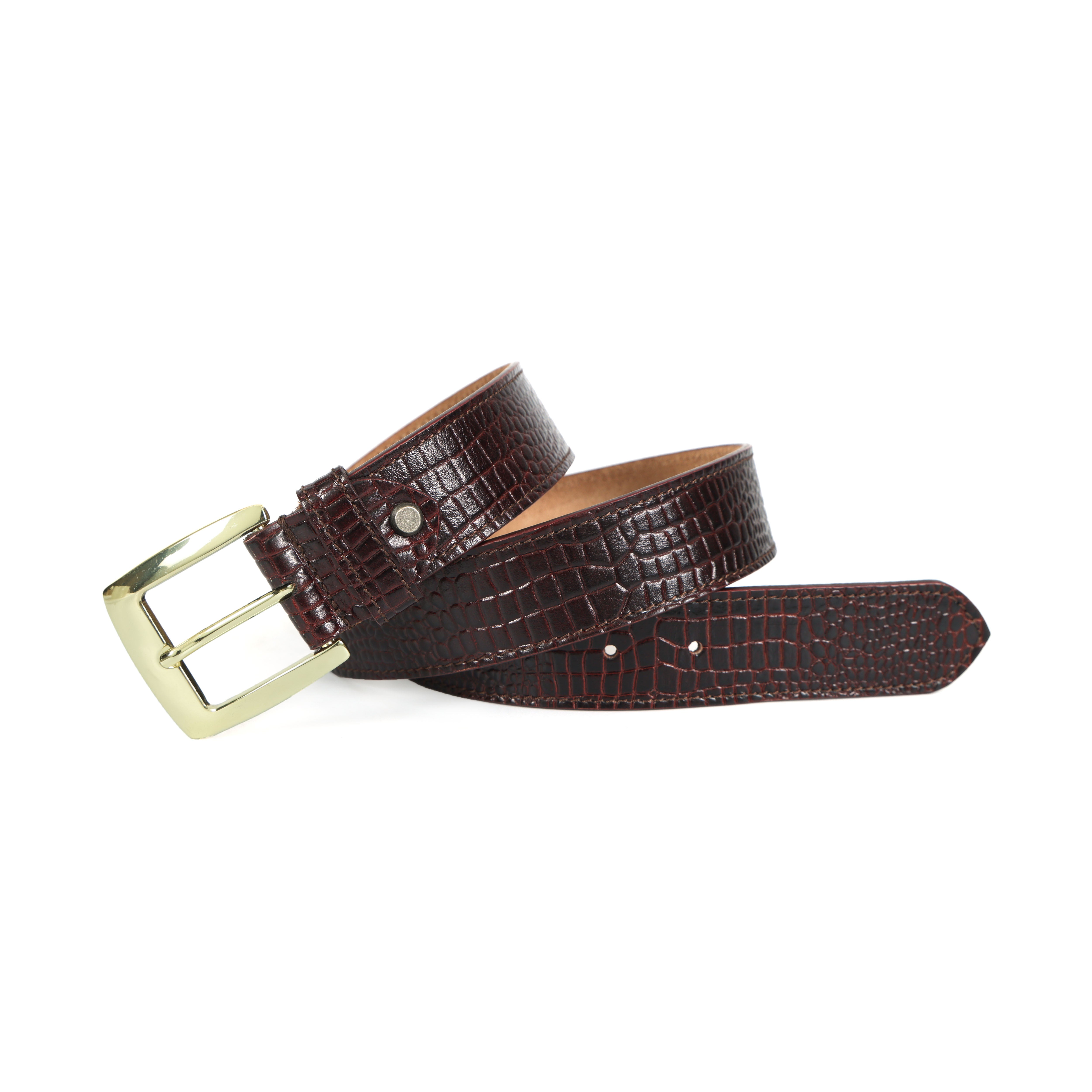 Mens Croc Textured Leather Belt With Gold Buckle For Formal Casual Wear