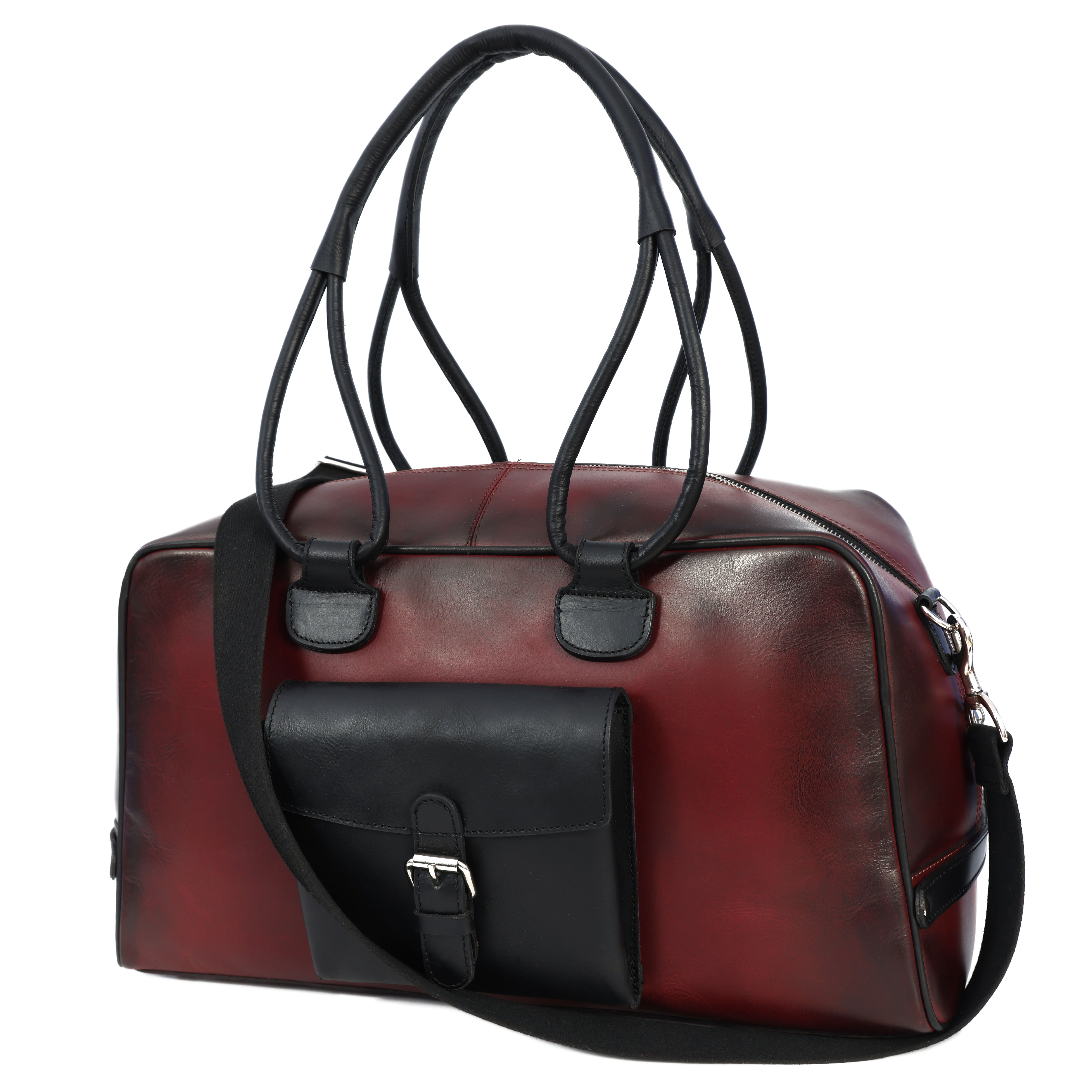 Premium Genuine Leather Travel Duffel Bag with Front Buckle Pocket & Dual Carry Straps