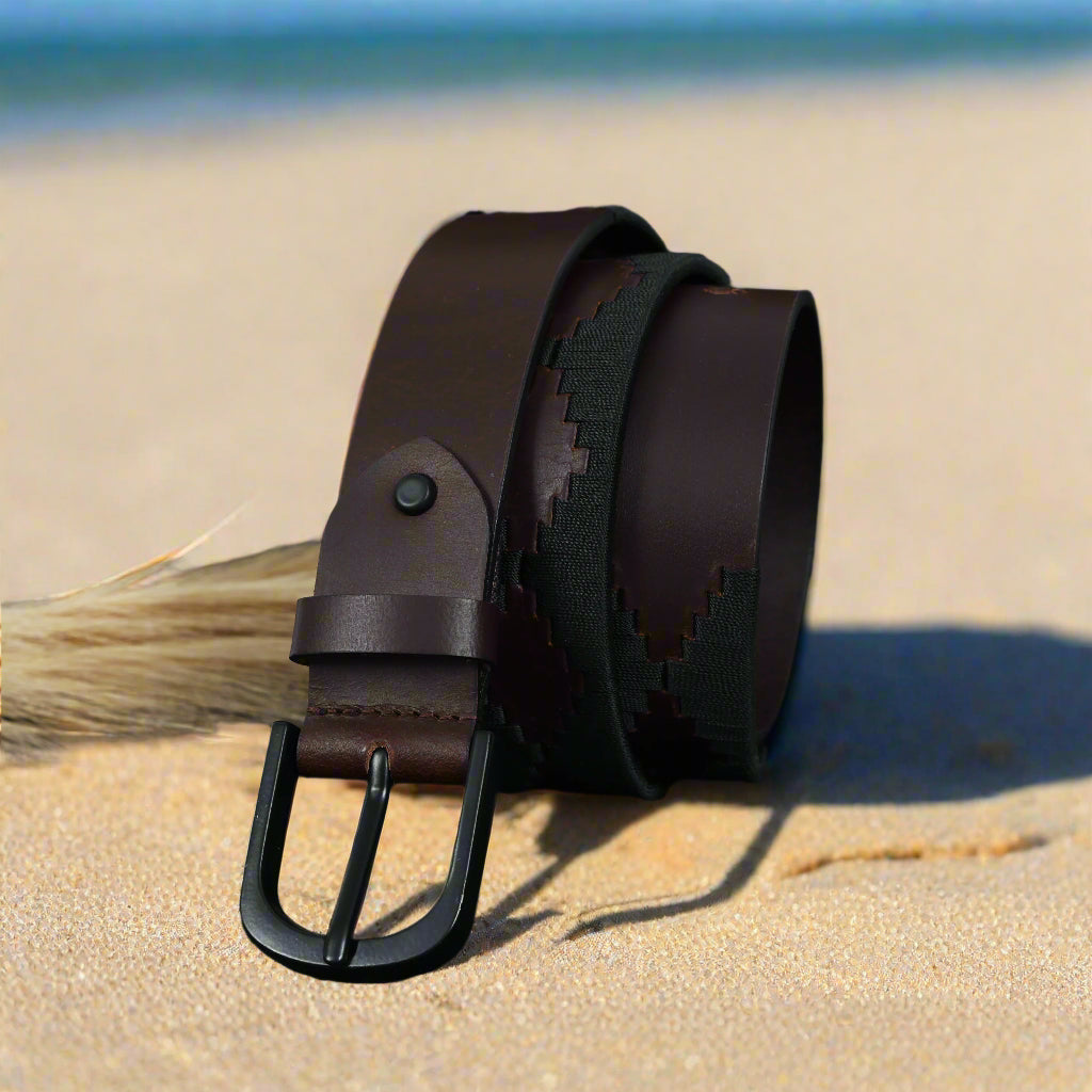 Premium Brown Leather Polo Belt with Black Webbing Stylish and Durable Accessory. LB-869