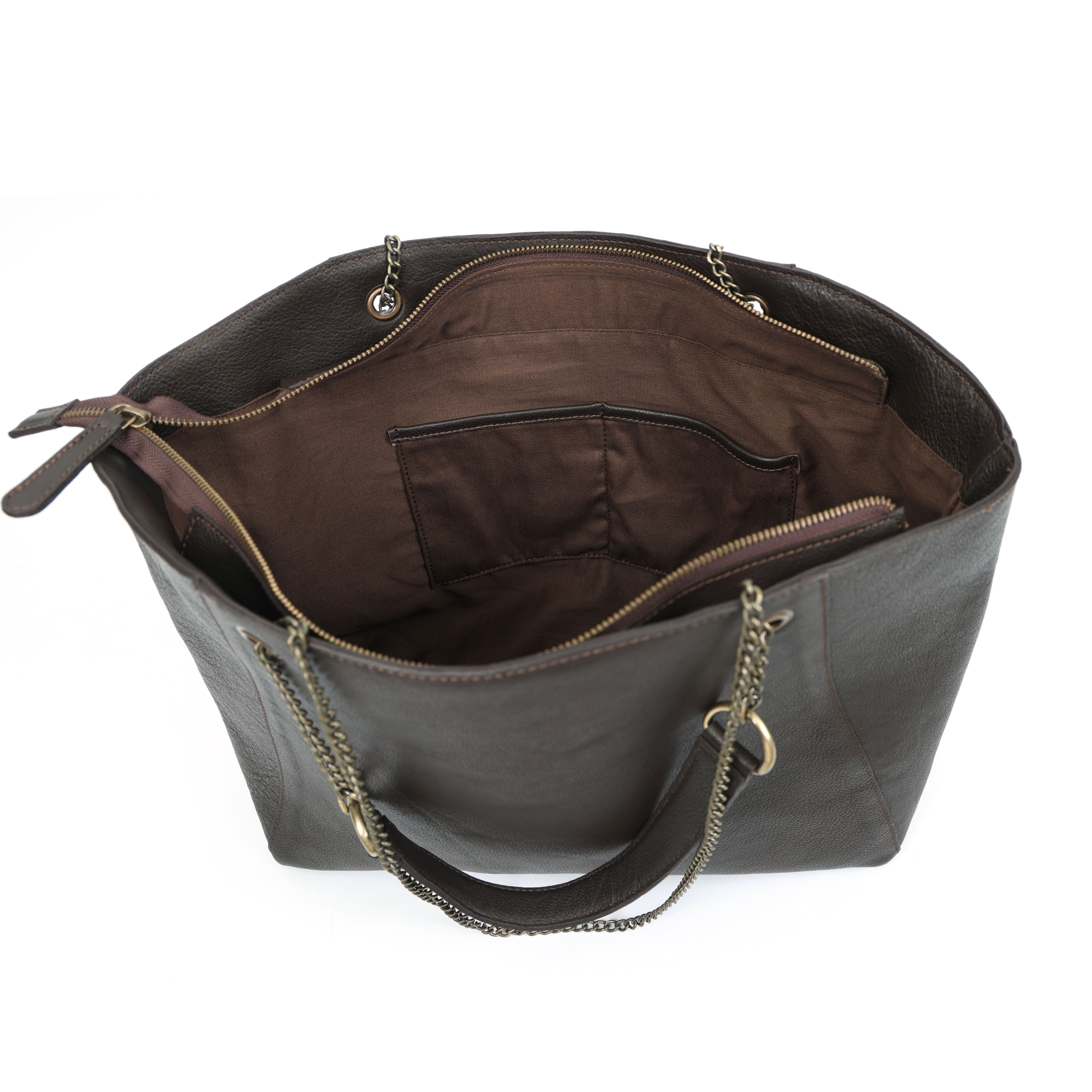 Premium Export Quality Black Leather Tote Bag with Chain Handles & Zip Closure