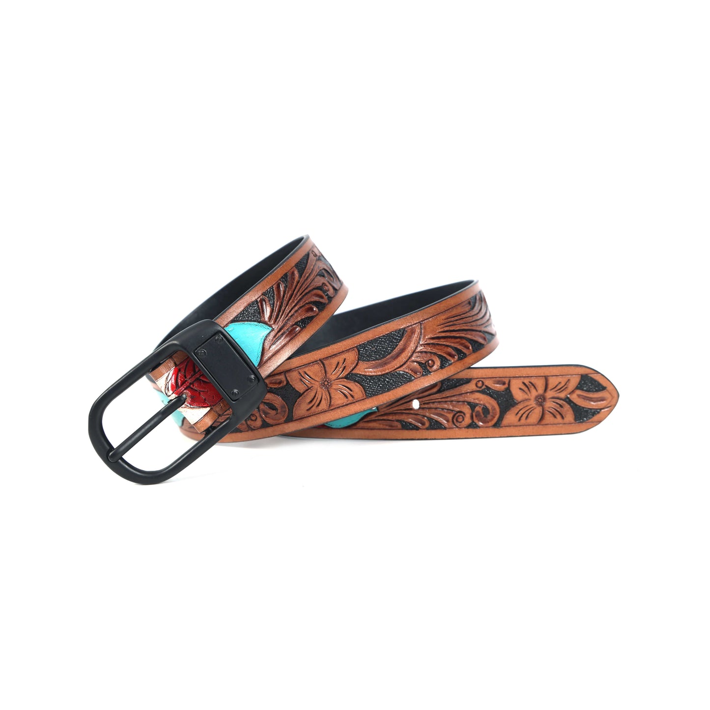 Stylish Brown Leather Hand-Carved Belt with Blue Paint  Unique, Custom Artisan Craftsmanship. LB-842