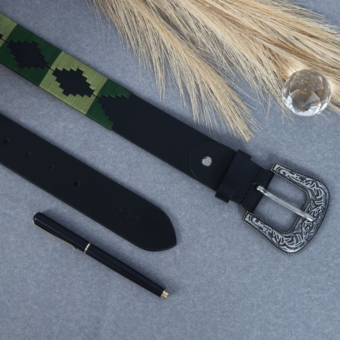 Designer Black Leather Polo Belt with Green Webbing & Premium Buckle Includes Matching Keyring. LB-867
