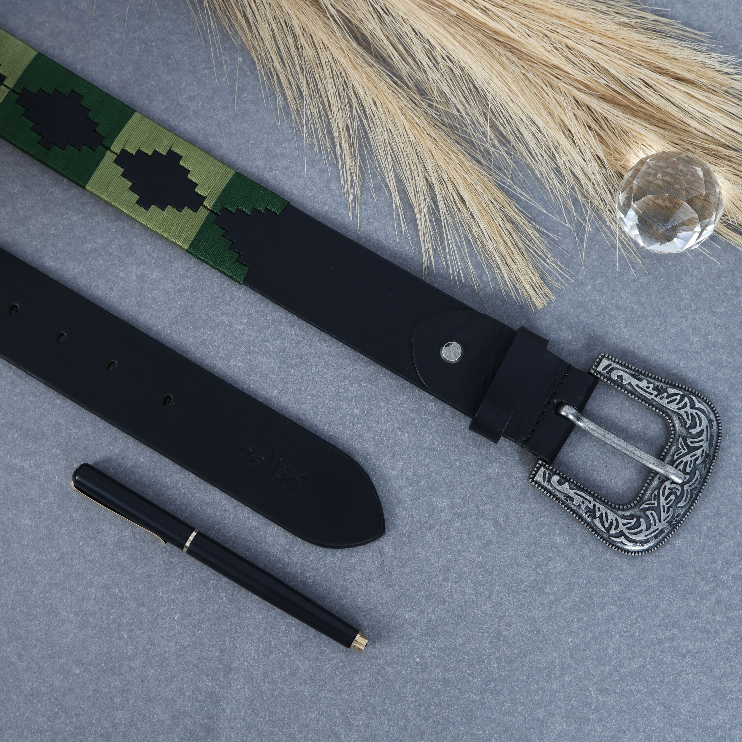 Designer Black Leather Polo Belt with Green Webbing & Premium Buckle Includes Matching Keyring. LB-867