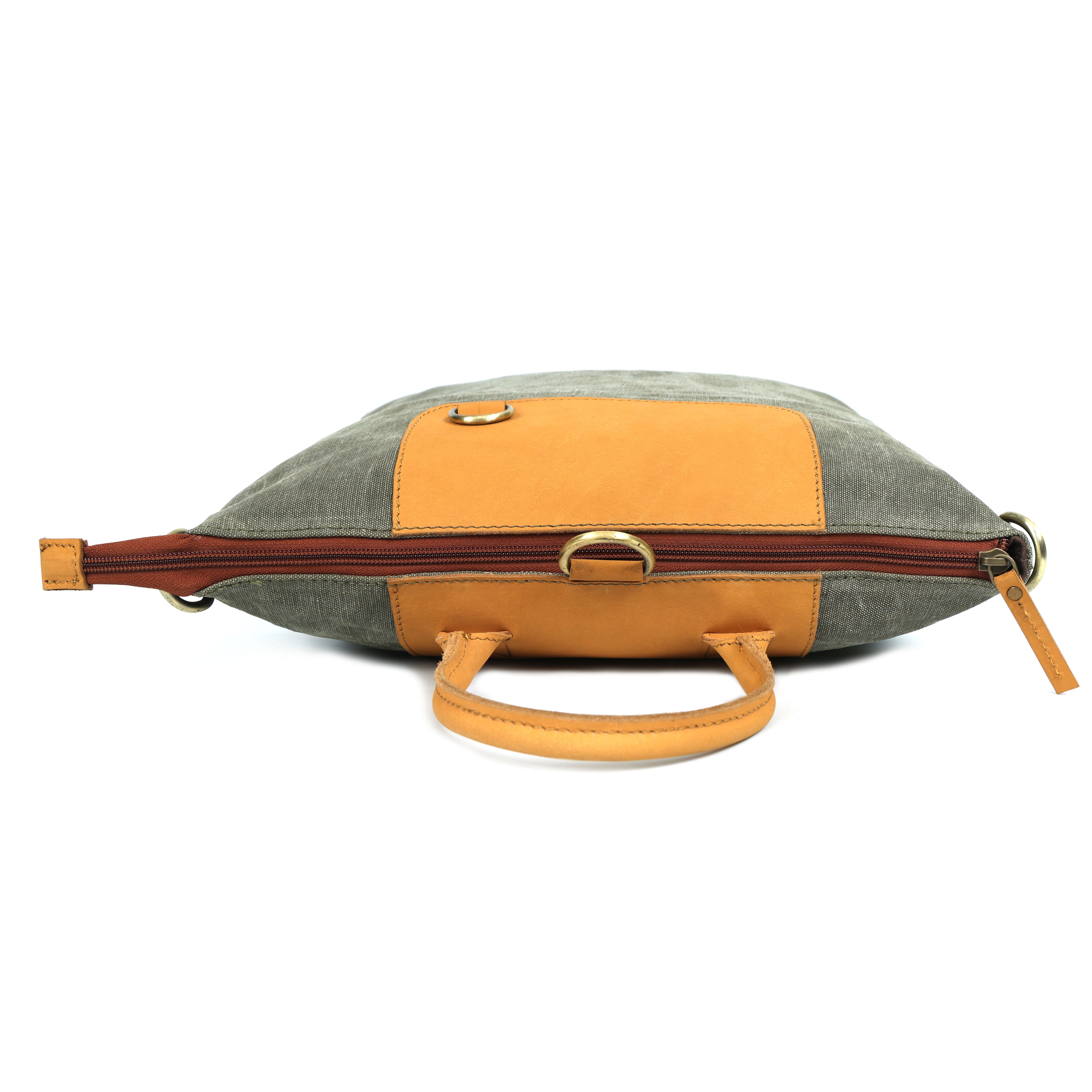 Premium Genuine Leather& Canvas Convertible Backpack Tote with Zip Closure & Adjustable Strap
