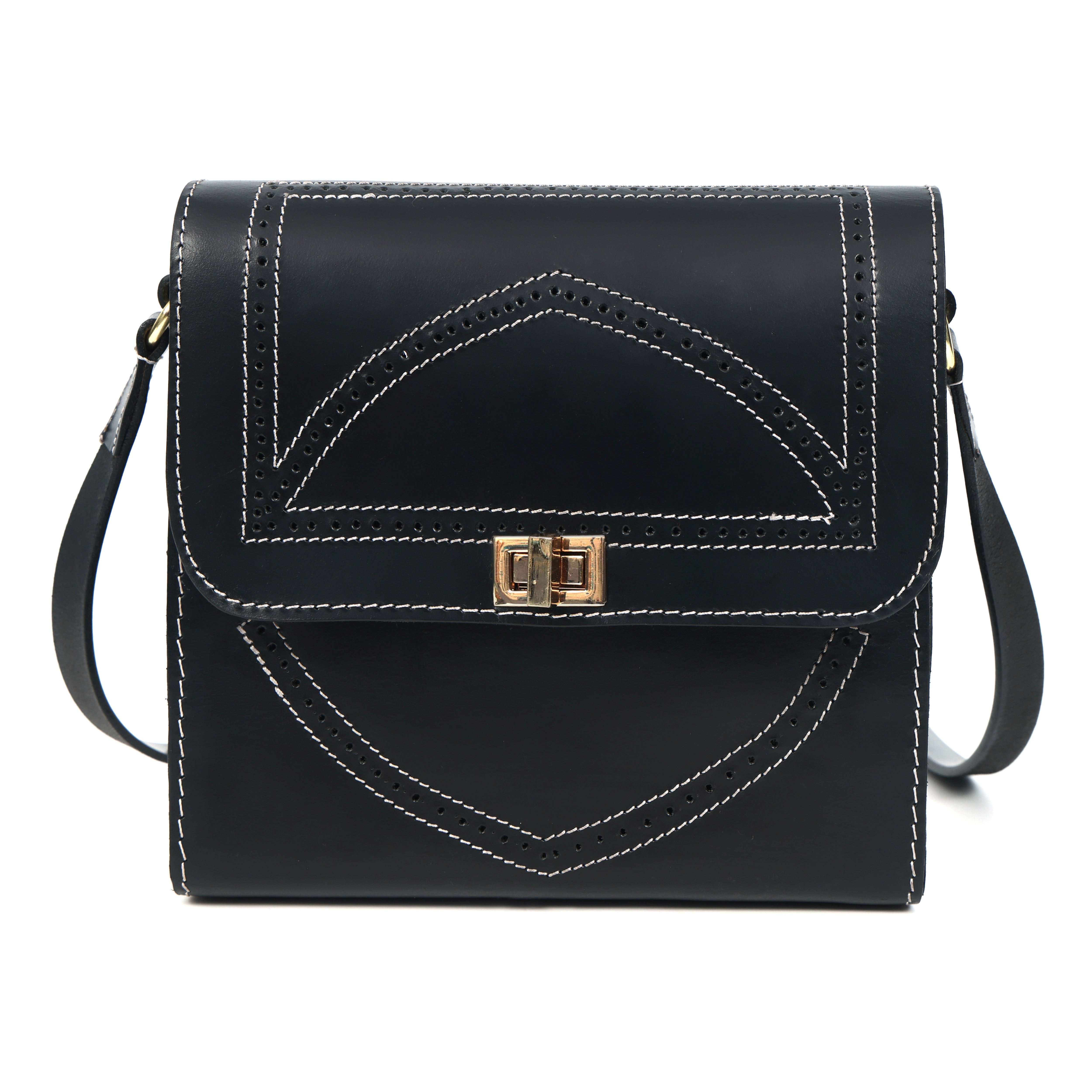 Black Structured Leather Crossbody Bag with Contrast Stitching & Secure Turn-Lock