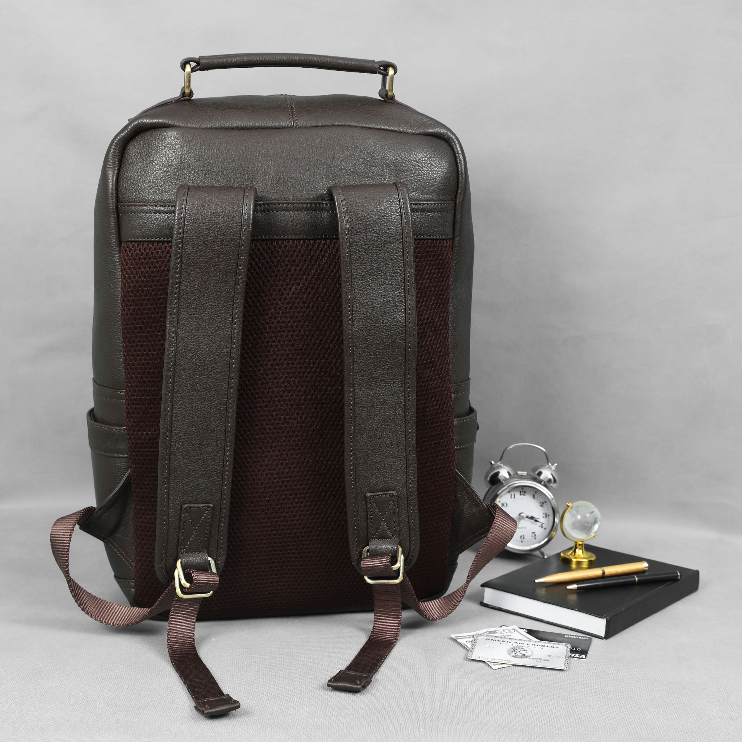 Premium Genuine Leather Laptop Backpack with Multi-Zip Compartments & Top Handle
