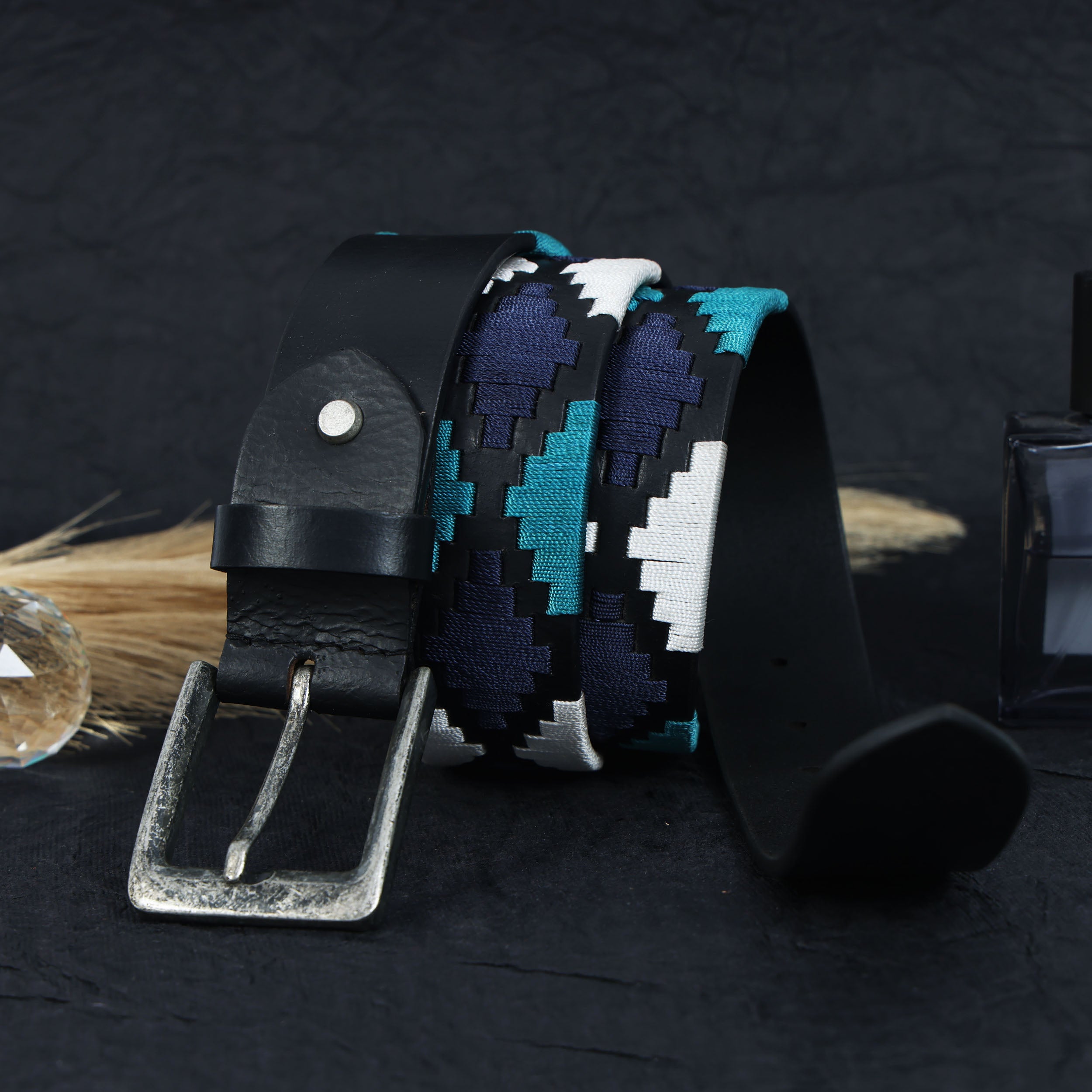 Premium Black Leather Belt with Multi-Color Stitching Durable & Stylish.LB-872