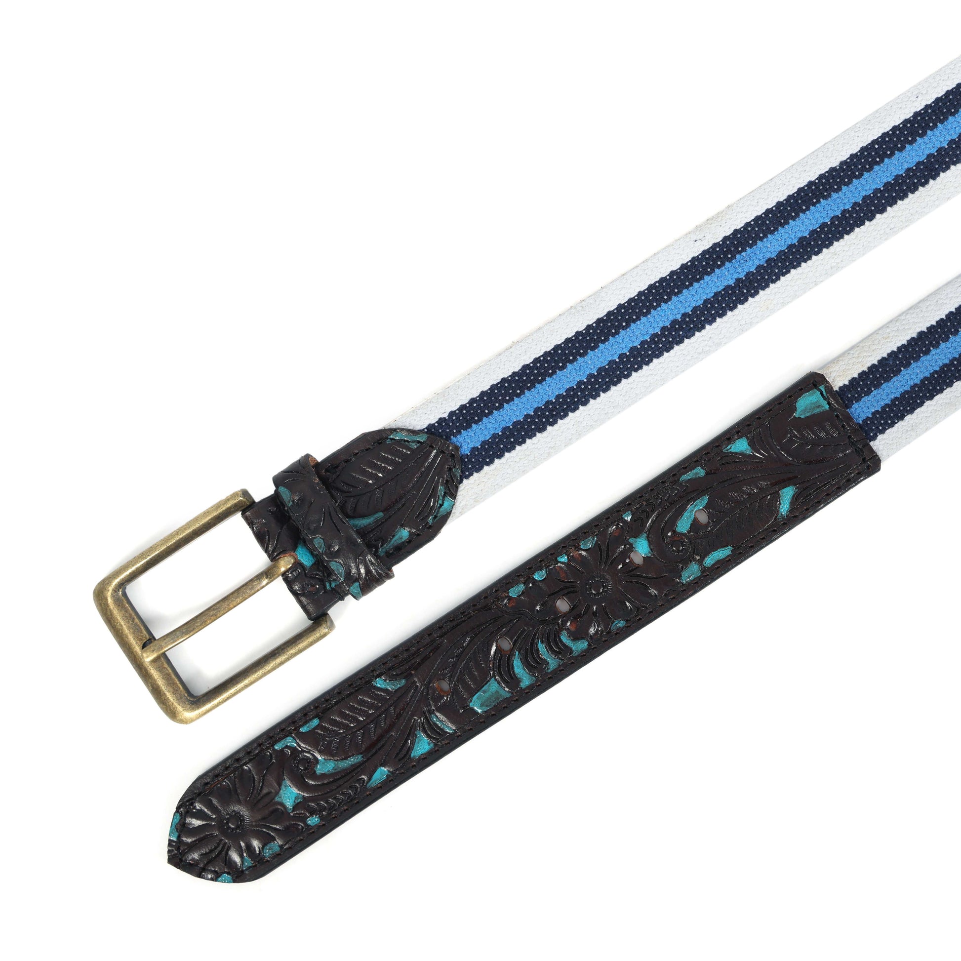 Hand-Carved Black Leather Belt with Blue Webbing  38mm. LB-834