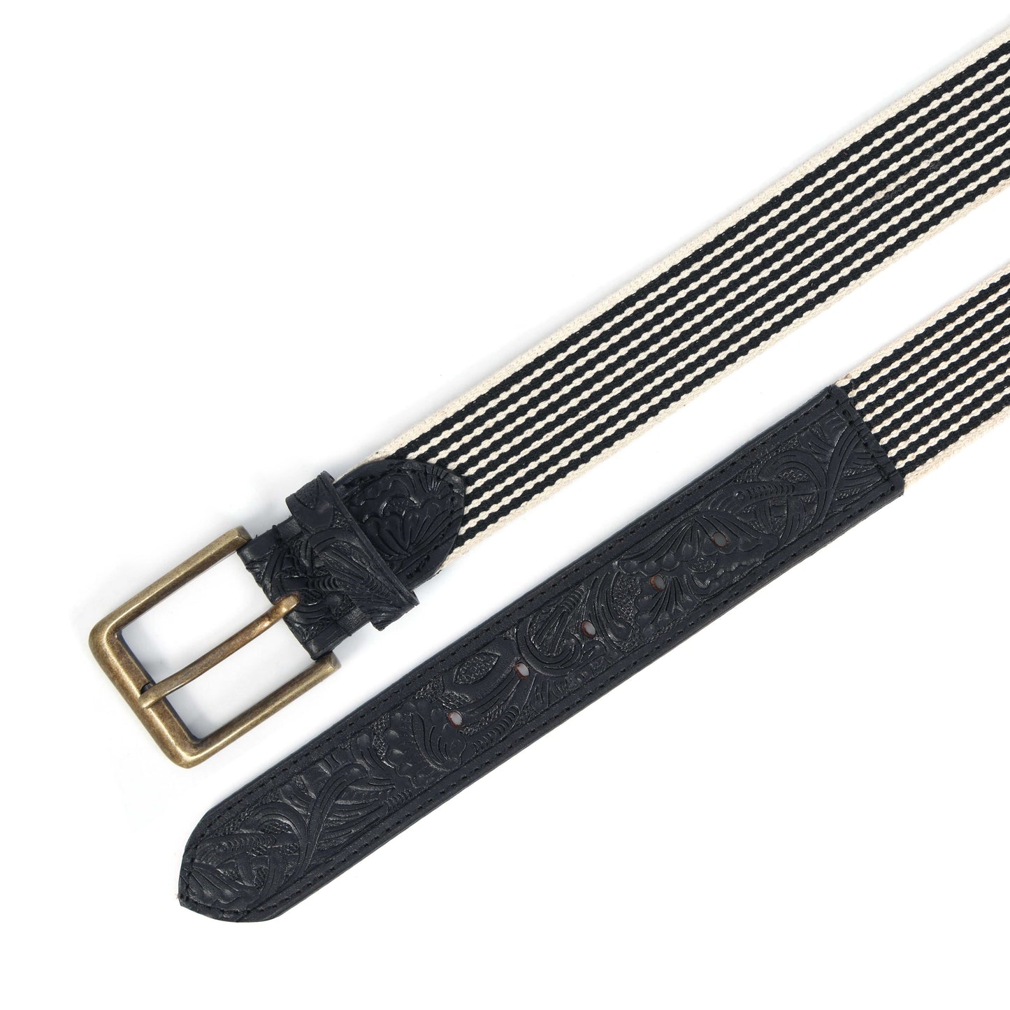 Black Hand-Carved Black Leather Belt with Black Webbing  38mm. LB-835
