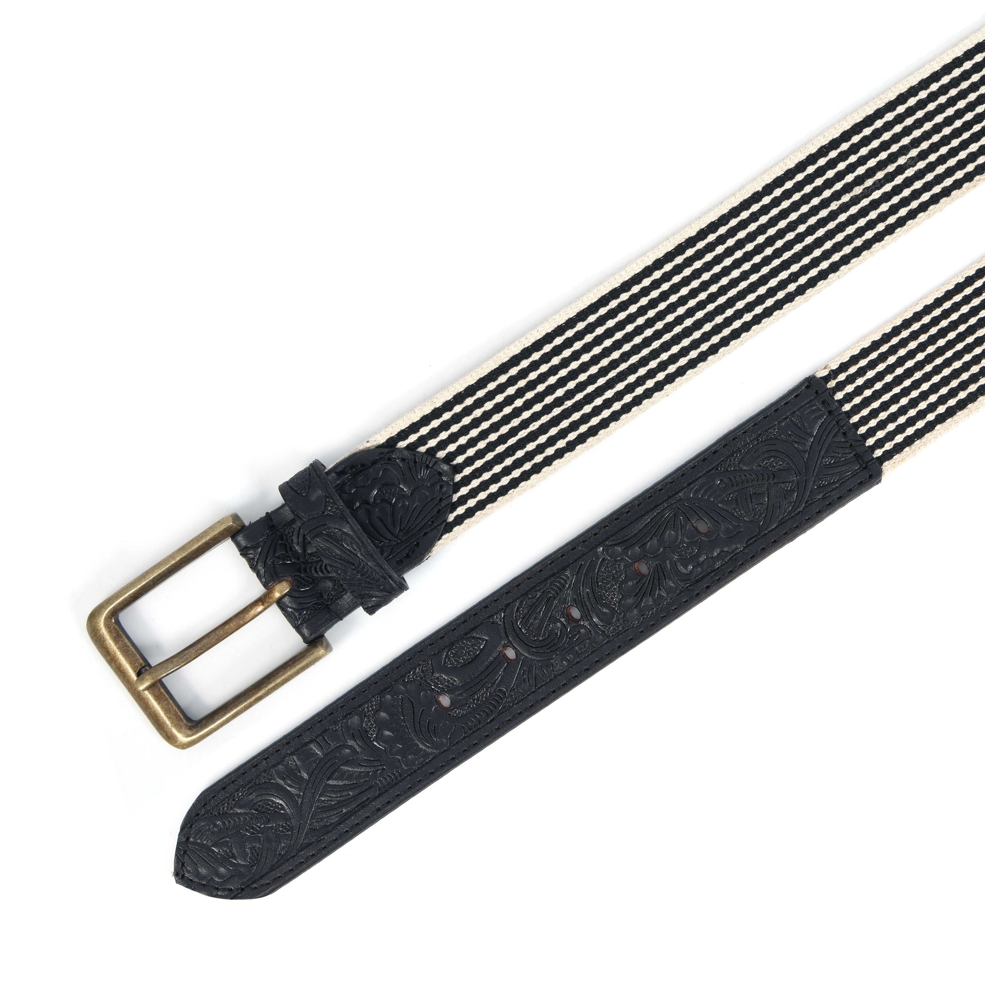 Black Hand-Carved Black Leather Belt with Black Webbing  38mm. LB-835