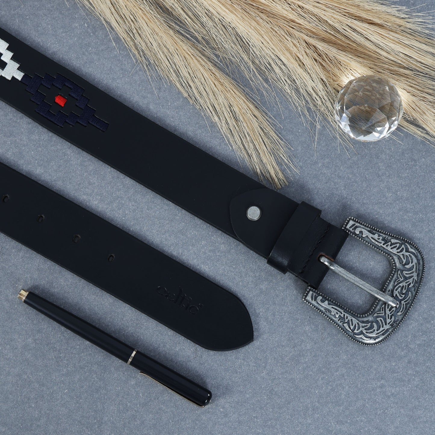 Premium Black Leather Polo Belt with Silver Designer Buckle & Multicolour Webbing. LB-865