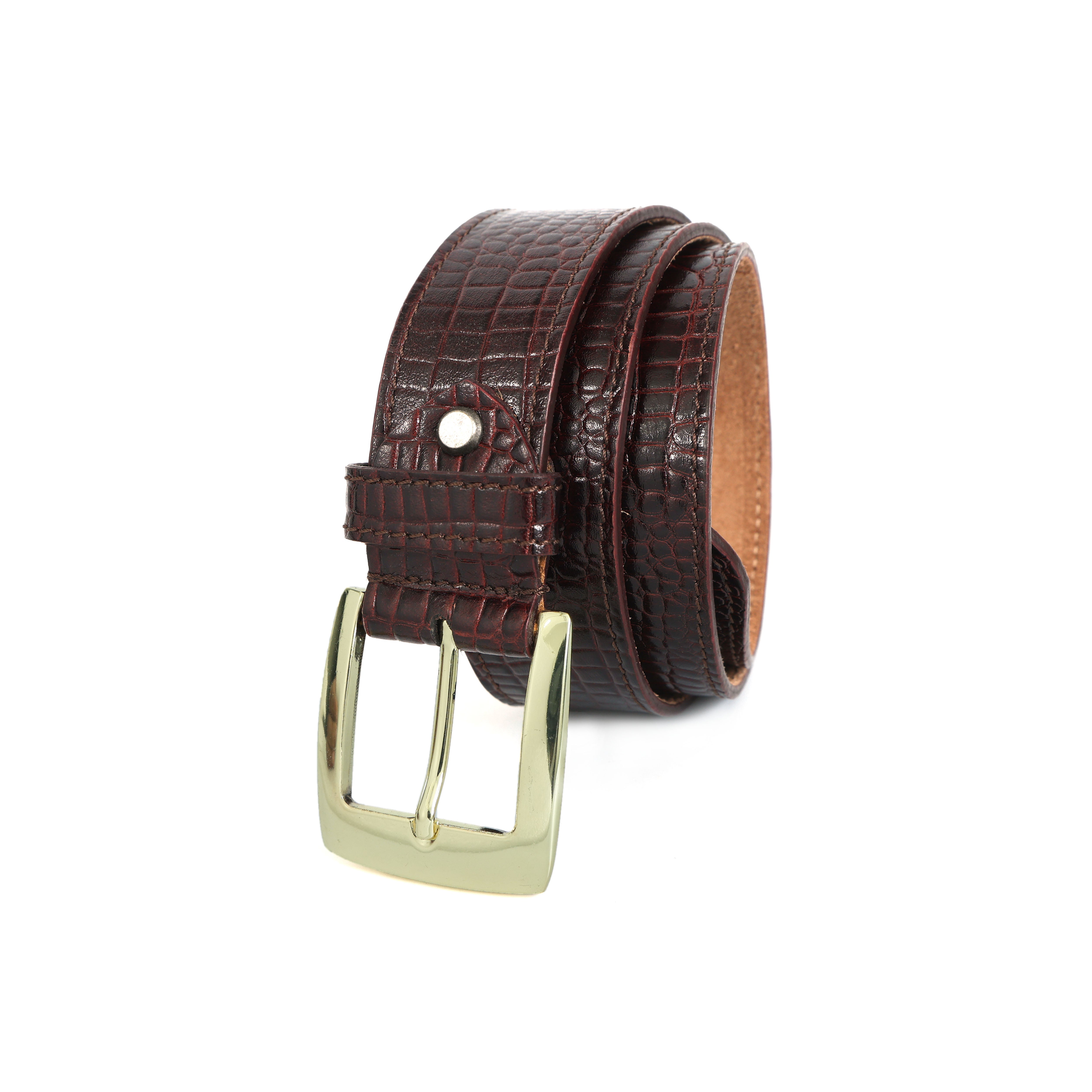 Mens Croc Textured Leather Belt With Gold Buckle For Formal Casual Wear