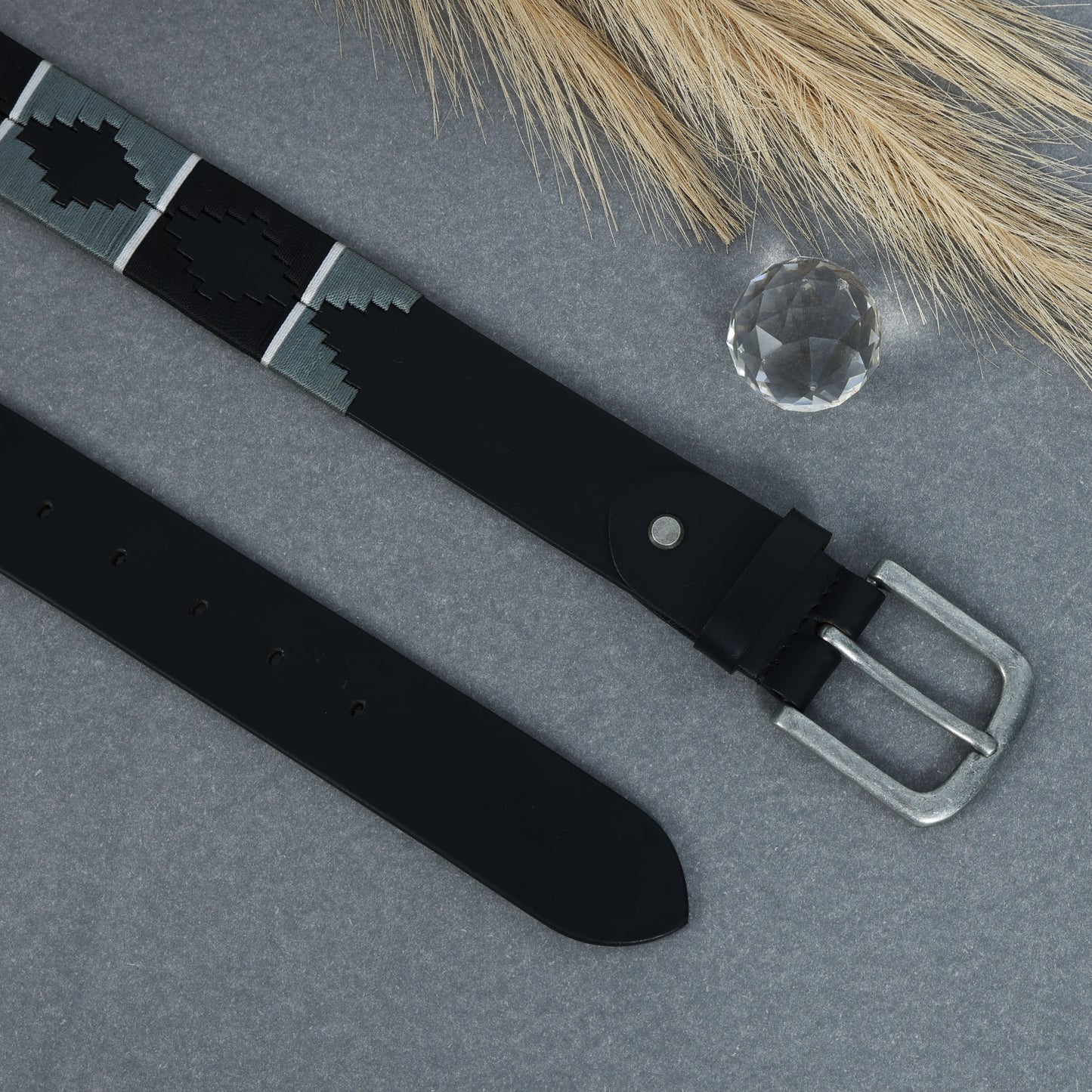 New Premium Leather Grey & Black Webbing Polo Belt and Keyring. LB-863