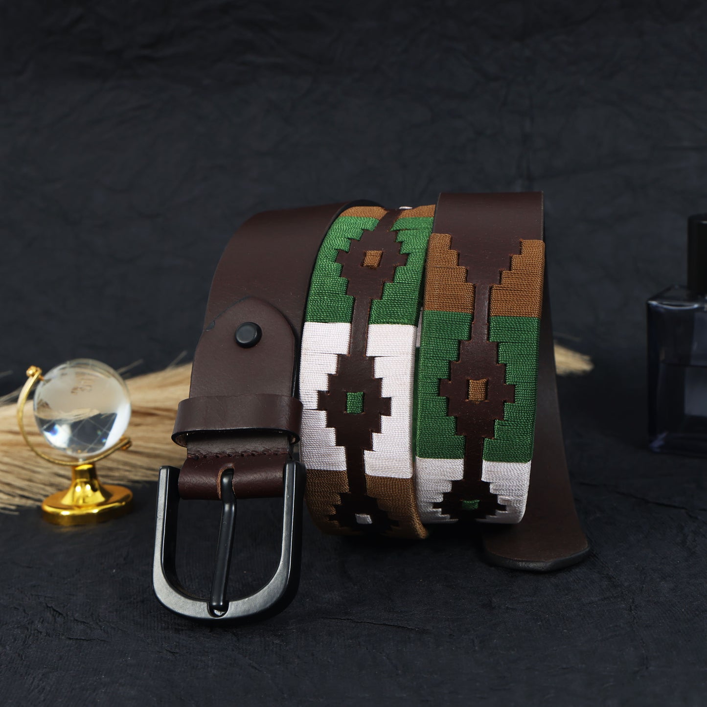 Premium Brown Leather Belt with Black Buckle & Multicolor Stitching.LB-878