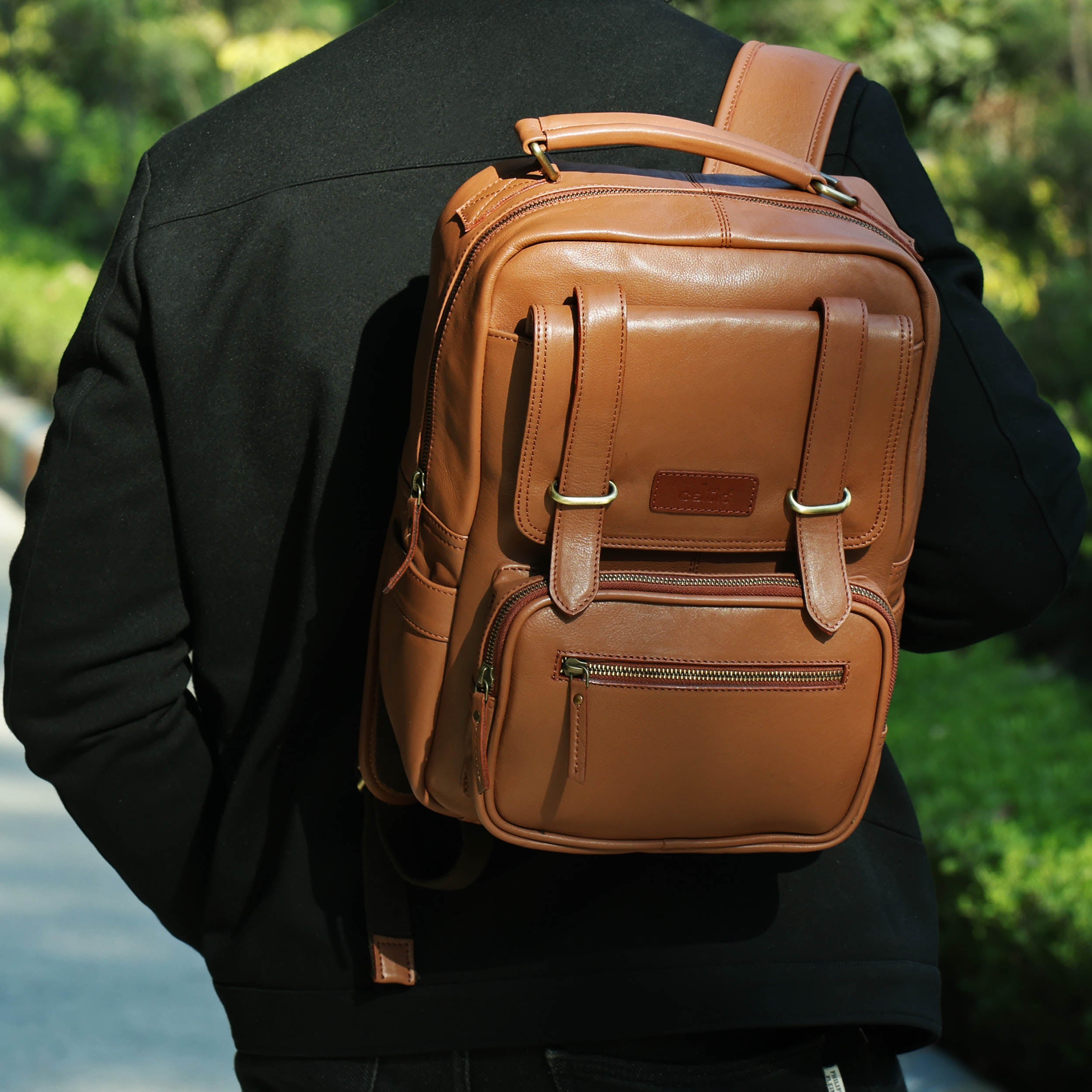 Premium Genuine Leather Backpack with Laptop Compartment & Multiple Zip Pockets
