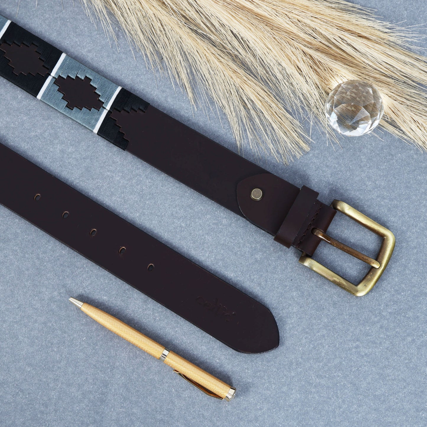 Premium Brown Leather Polo Belt with Gold Buckle Stylish Webbing Design. LB-870