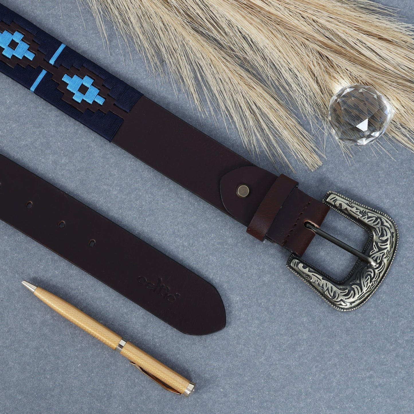 Premium Brown Leather Polo Belt with Blue Webbing & Designer Buckle + Matching Keyring. LB-866
