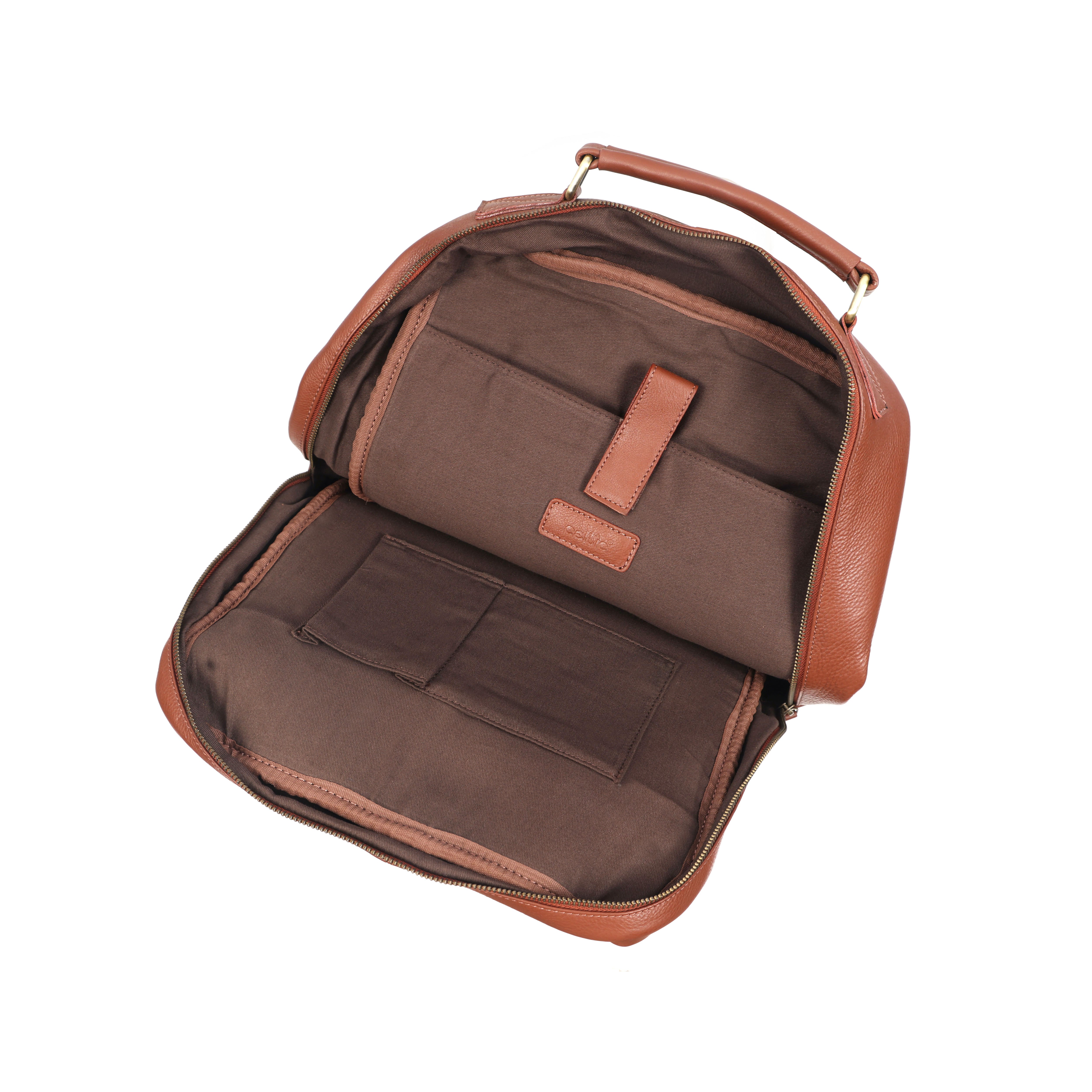 Premium Genuine Leather Laptop Backpack with Multi-Zip Compartments & Top Handle