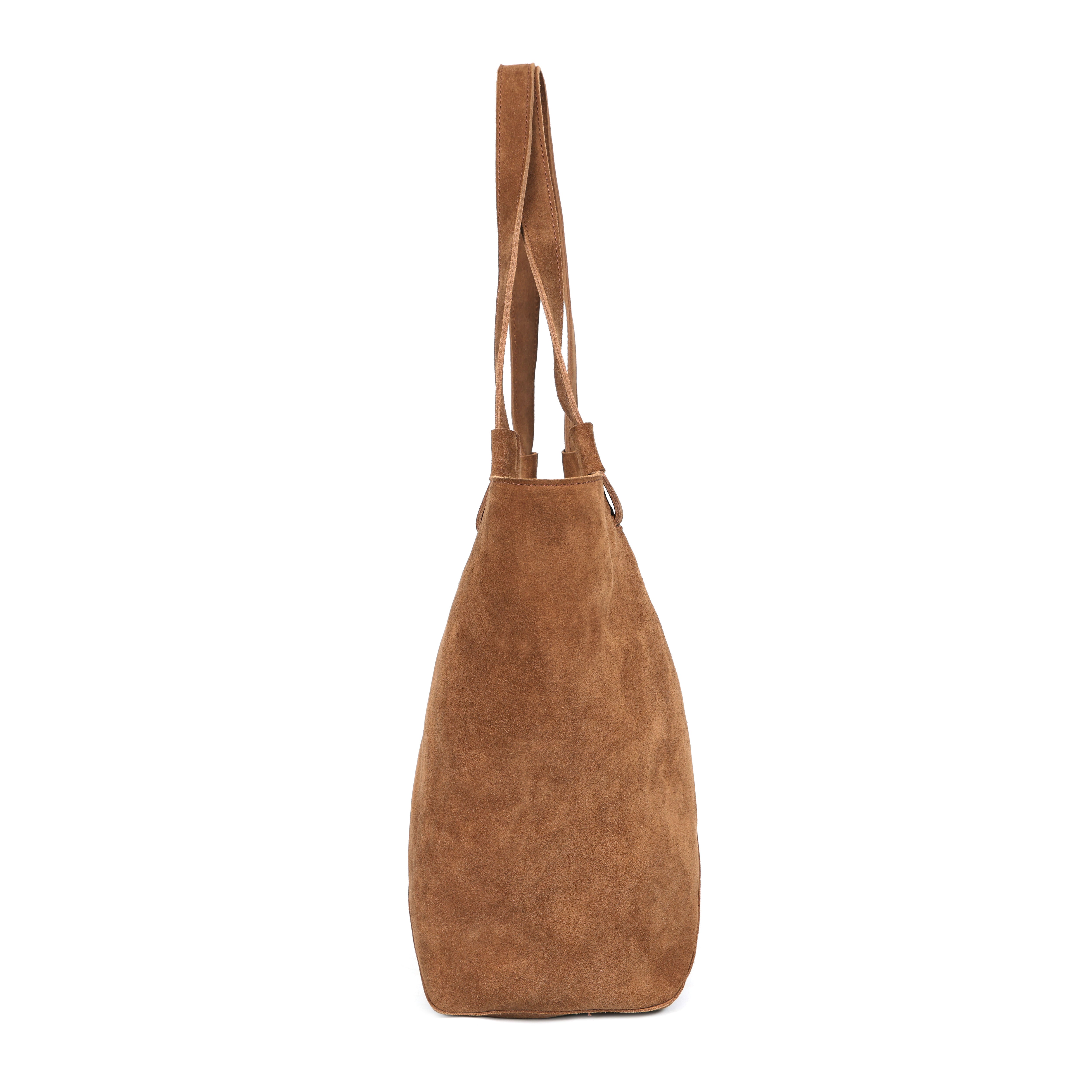 Premium Genuine Suede Leather Tote Bag with Shoulder Straps & Inner Zip Pocket