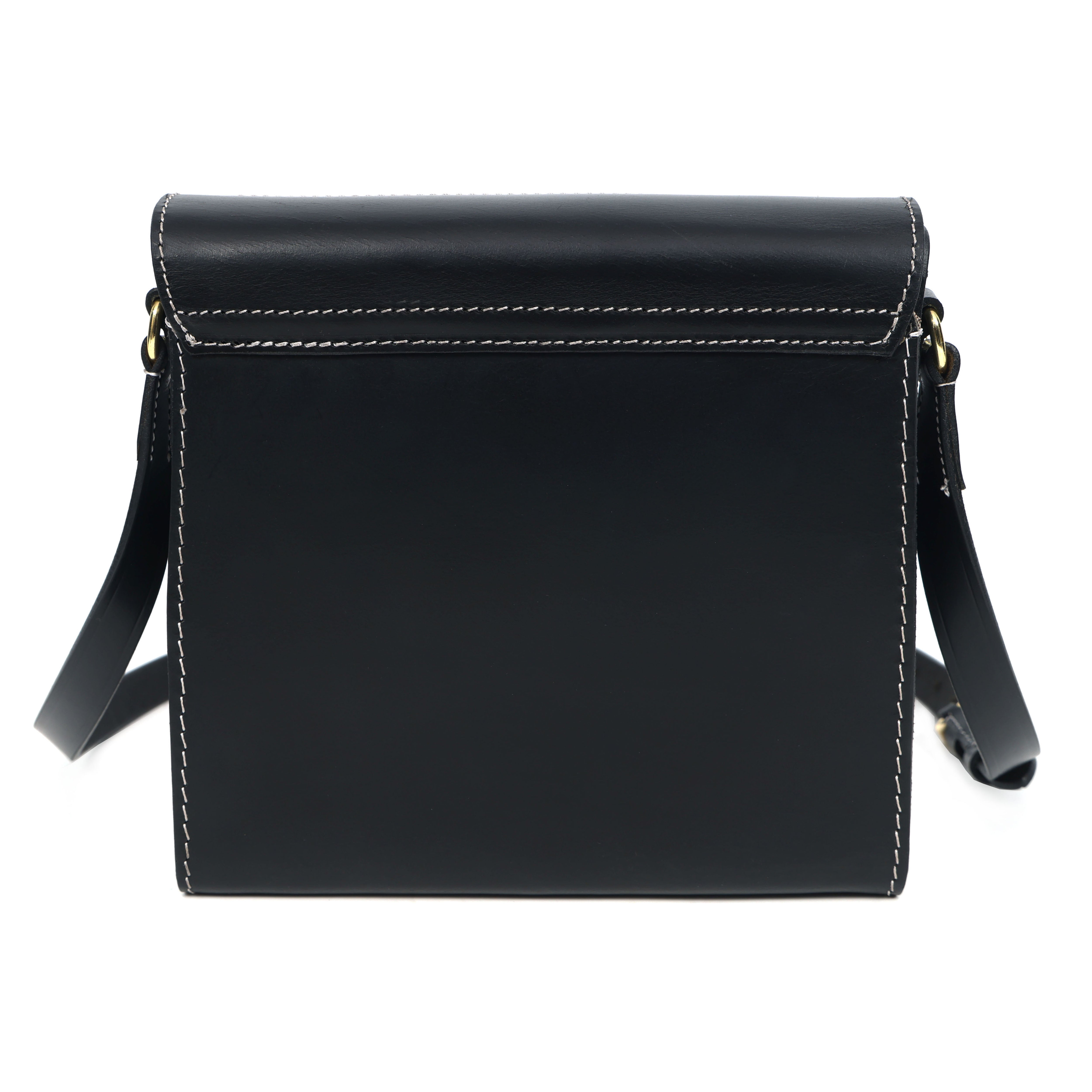 Black Structured Leather Crossbody Bag with Contrast Stitching & Secure Turn-Lock