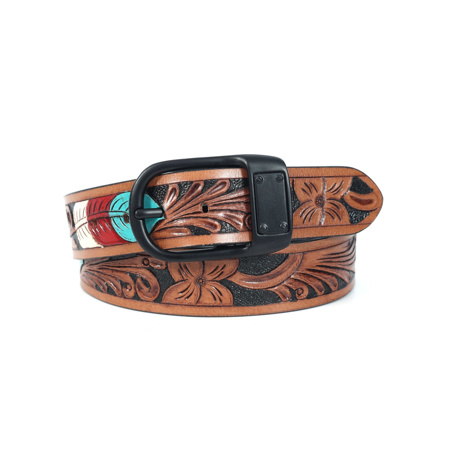 Stylish Brown Leather Hand-Carved Belt with Blue Paint  Unique, Custom Artisan Craftsmanship. LB-842