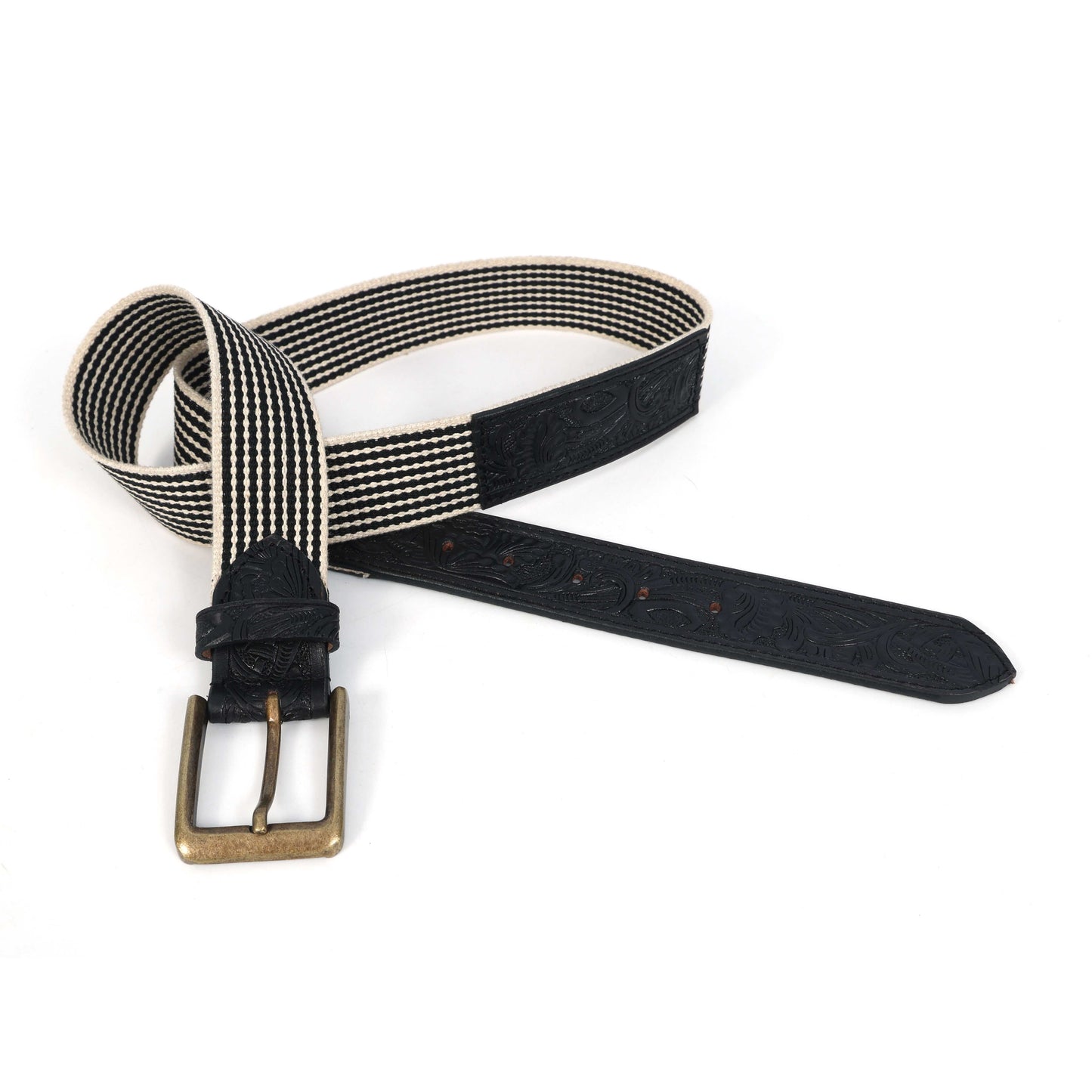 Black Hand-Carved Black Leather Belt with Black Webbing  38mm. LB-835