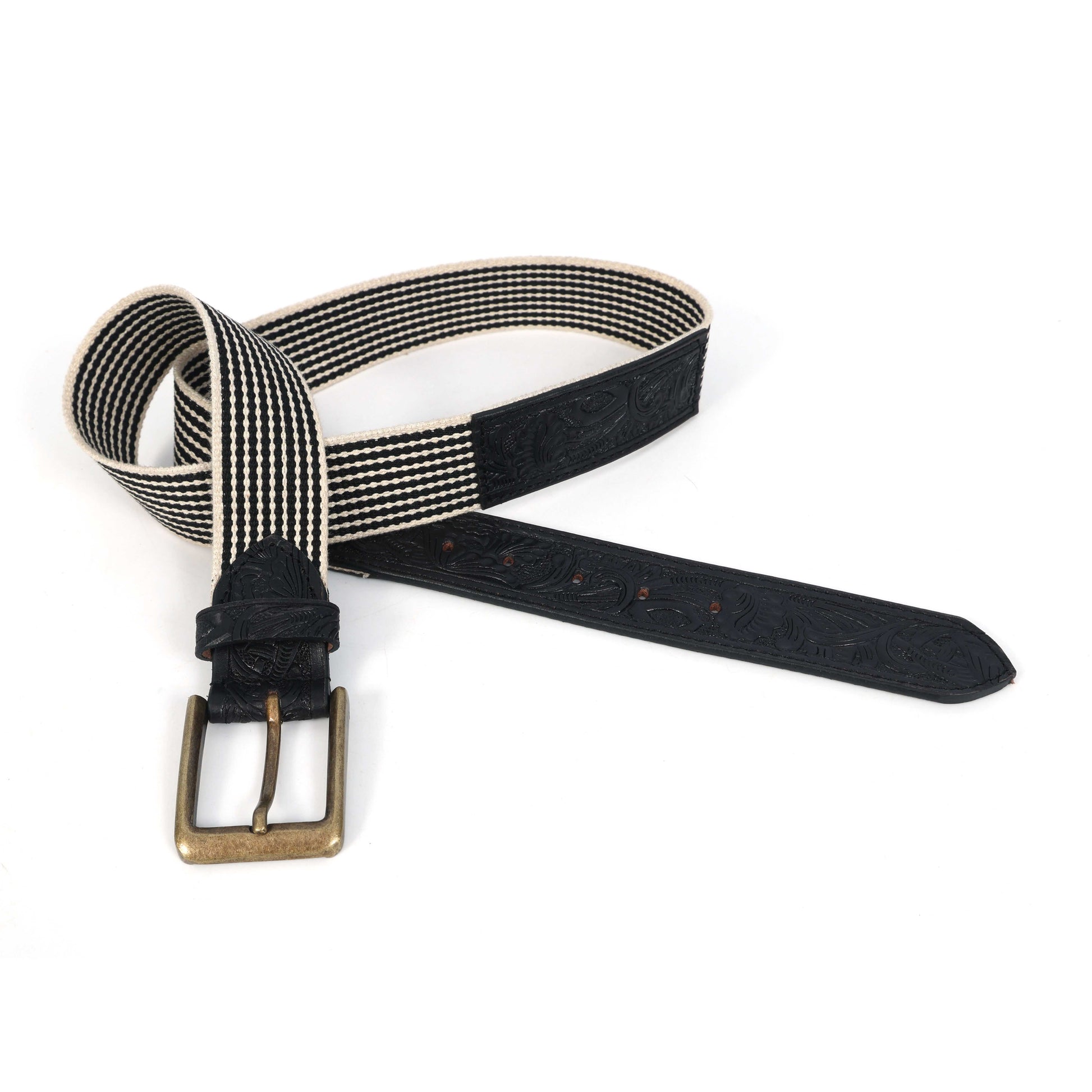 Black Hand-Carved Black Leather Belt with Black Webbing  38mm. LB-835