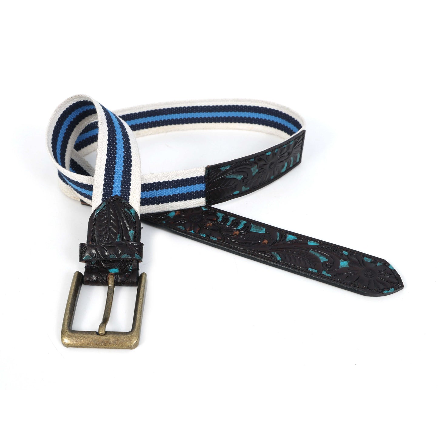 Hand-Carved Black Leather Belt with Blue Webbing  38mm. LB-834