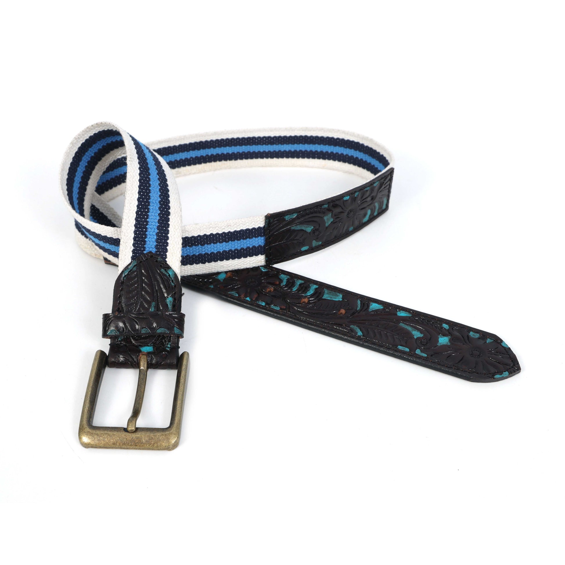 Hand-Carved Black Leather Belt with Blue Webbing  38mm. LB-834