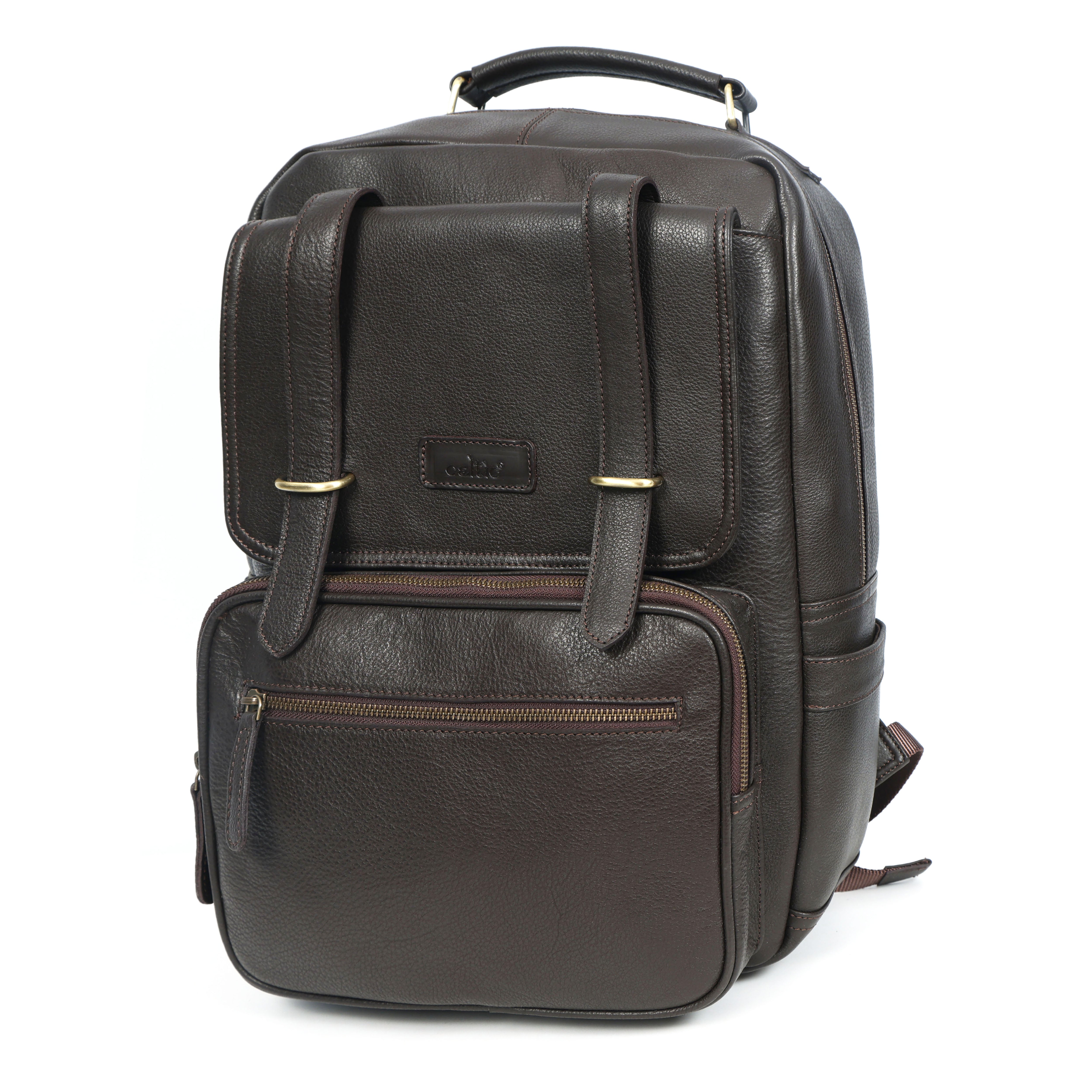 Premium Genuine Leather Laptop Backpack with Multi-Zip Compartments & Top Handle