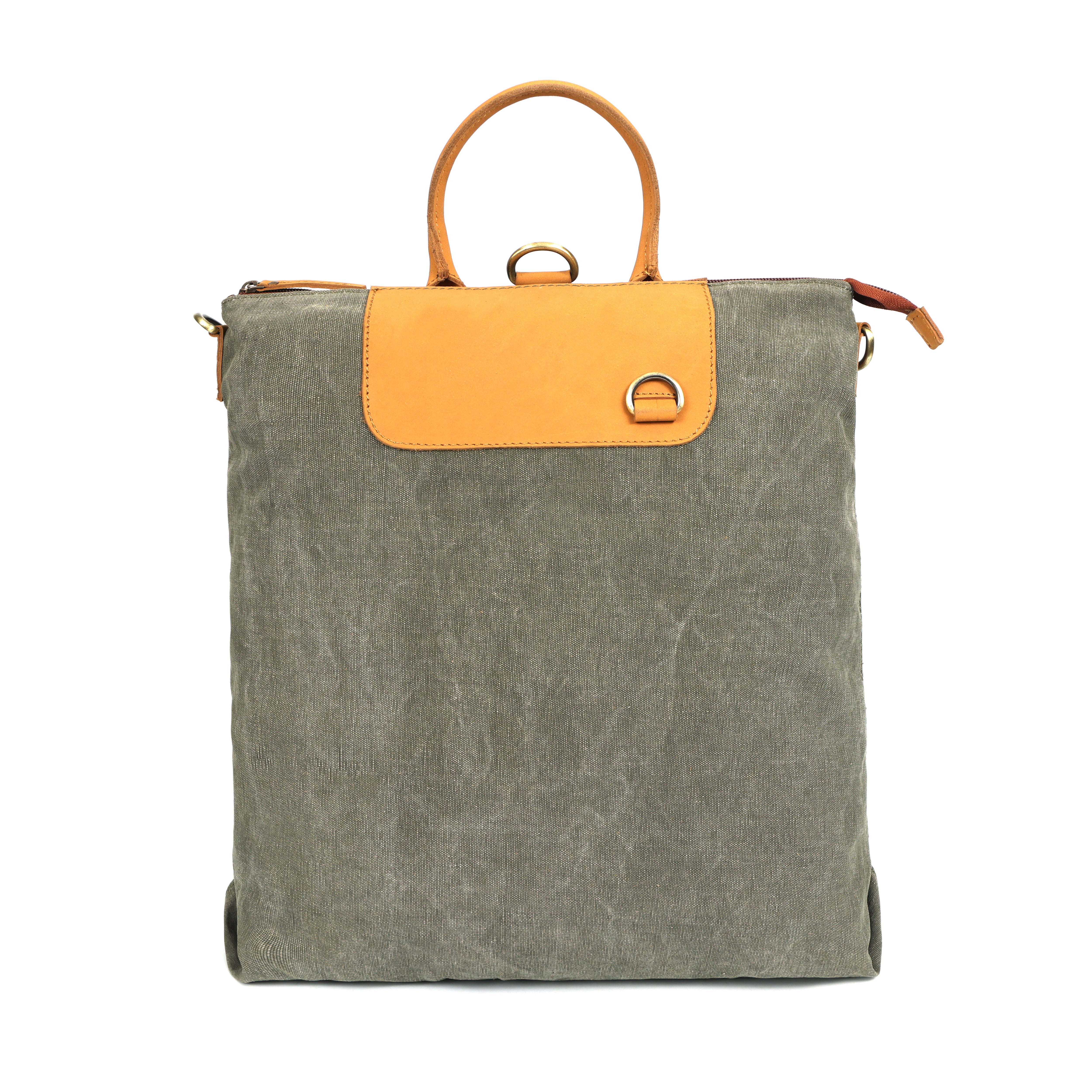 Premium Genuine Leather& Canvas Convertible Backpack Tote with Zip Closure & Adjustable Strap
