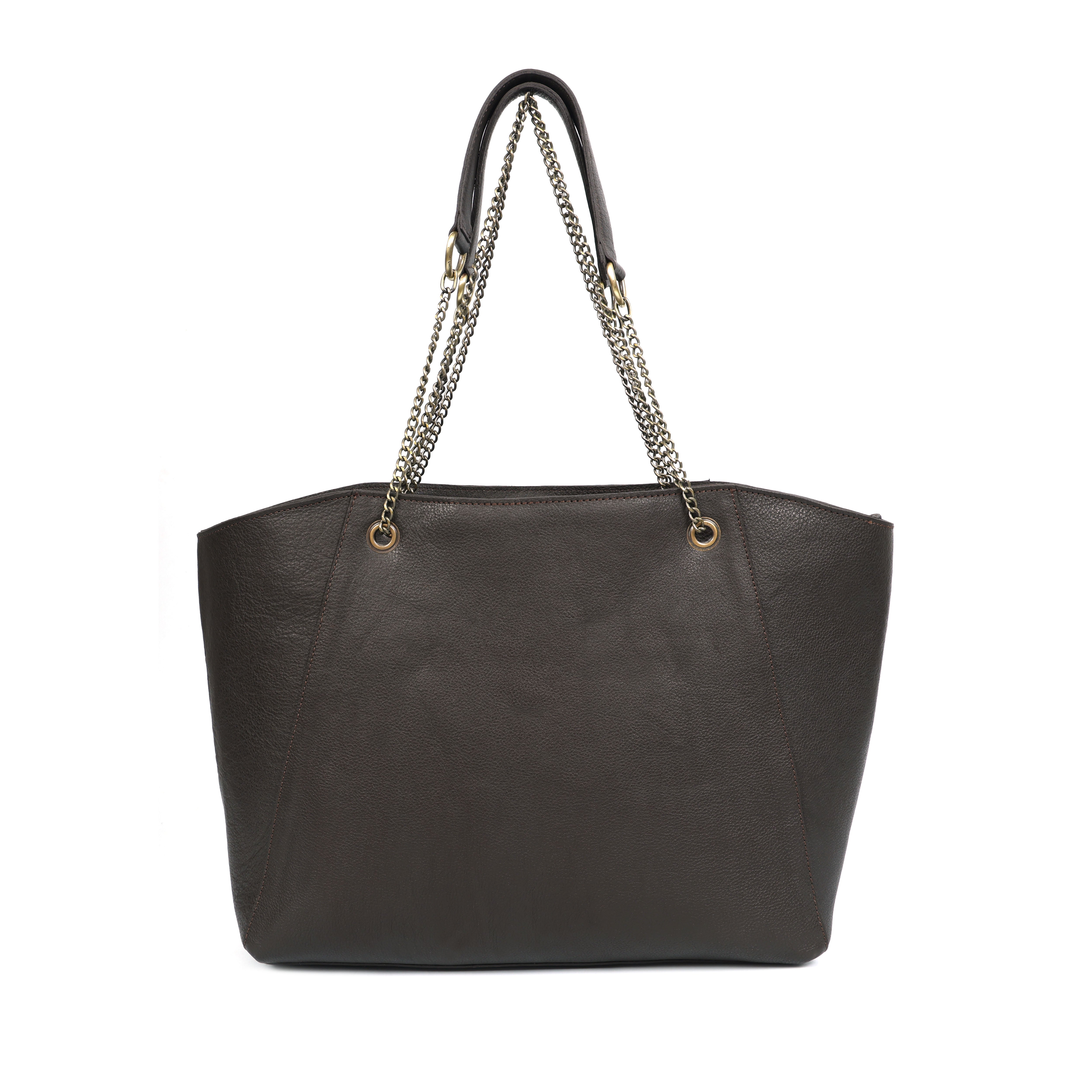 Premium Export Quality Black Leather Tote Bag with Chain Handles & Zip Closure