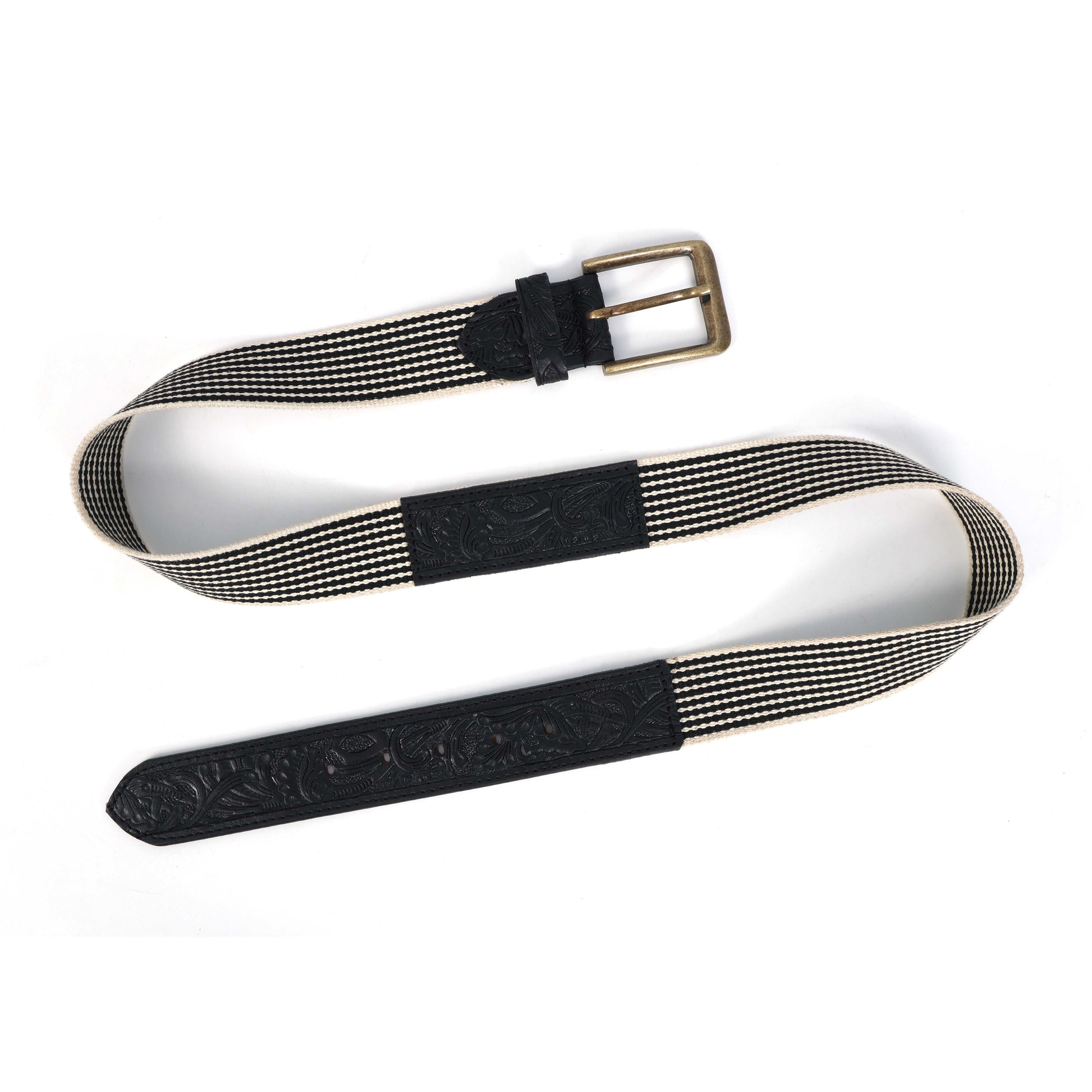 Black Hand-Carved Black Leather Belt with Black Webbing  38mm. LB-835
