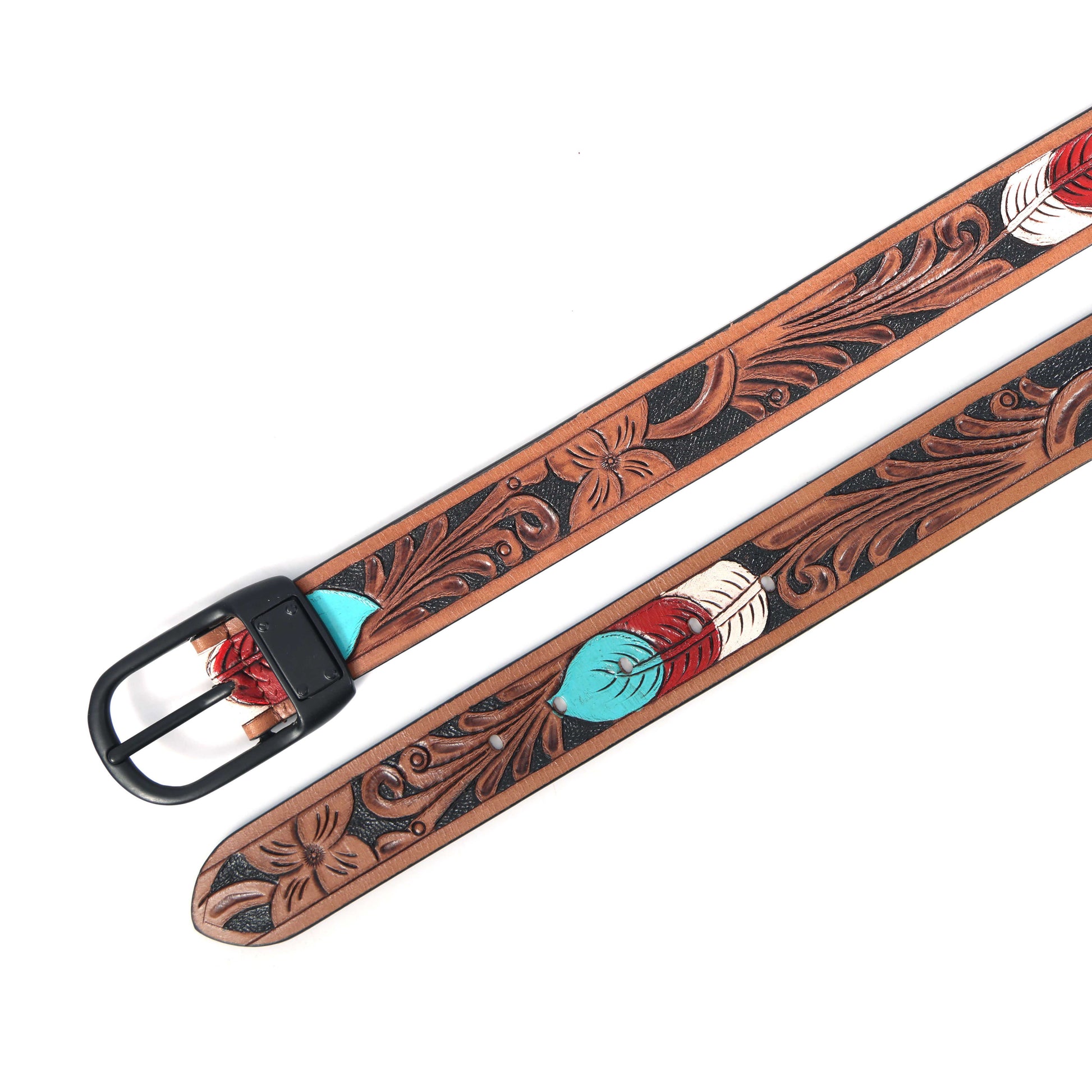 Stylish Brown Leather Hand-Carved Belt with Blue Paint  Unique, Custom Artisan Craftsmanship. LB-842